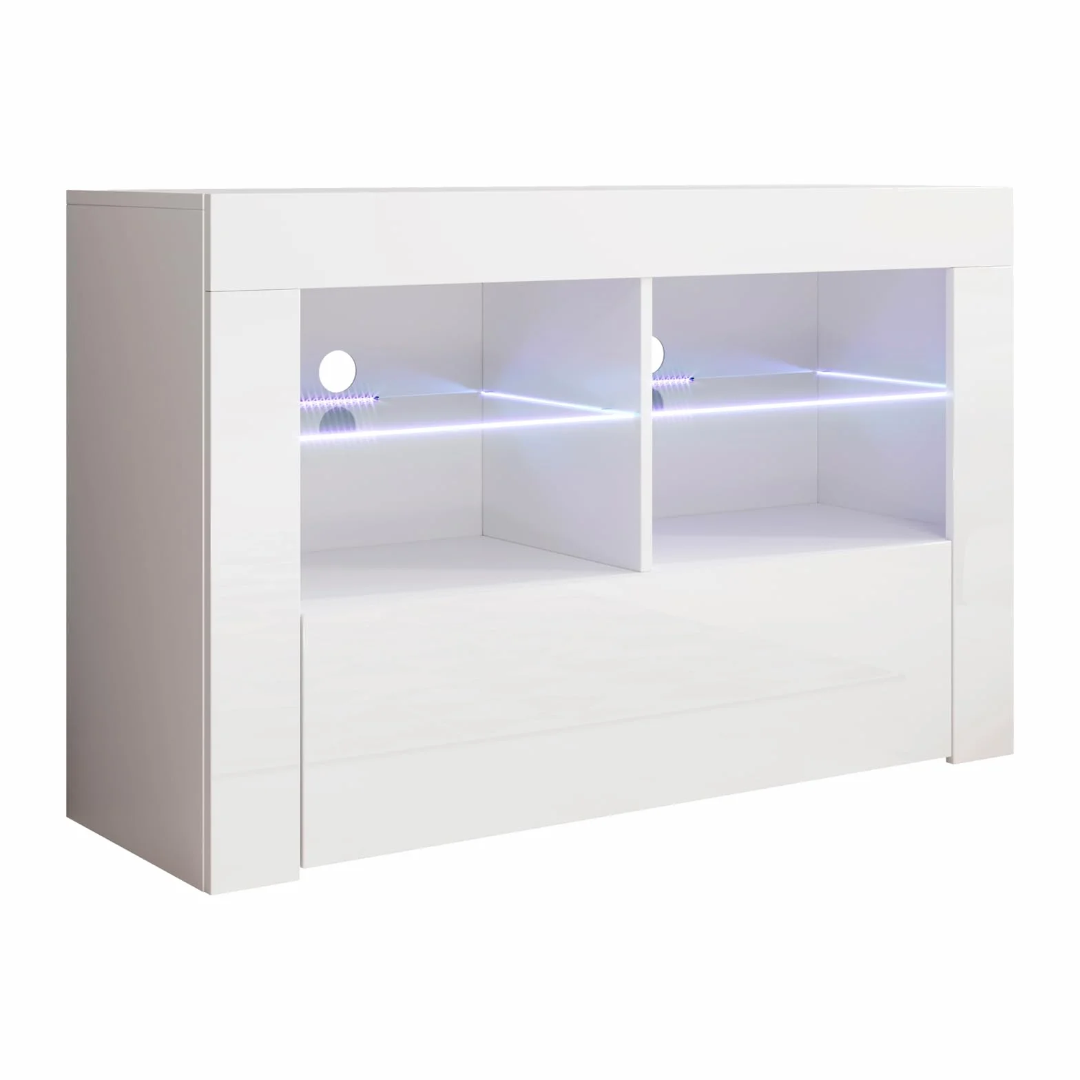 MB Muebles Bonitos, Mueble TV Lilian con Luz LED para Salón Moderno, 1 Puerta Abatible, Mueble de Melamina Brillo, Color Blanco, 100x65x35 cm