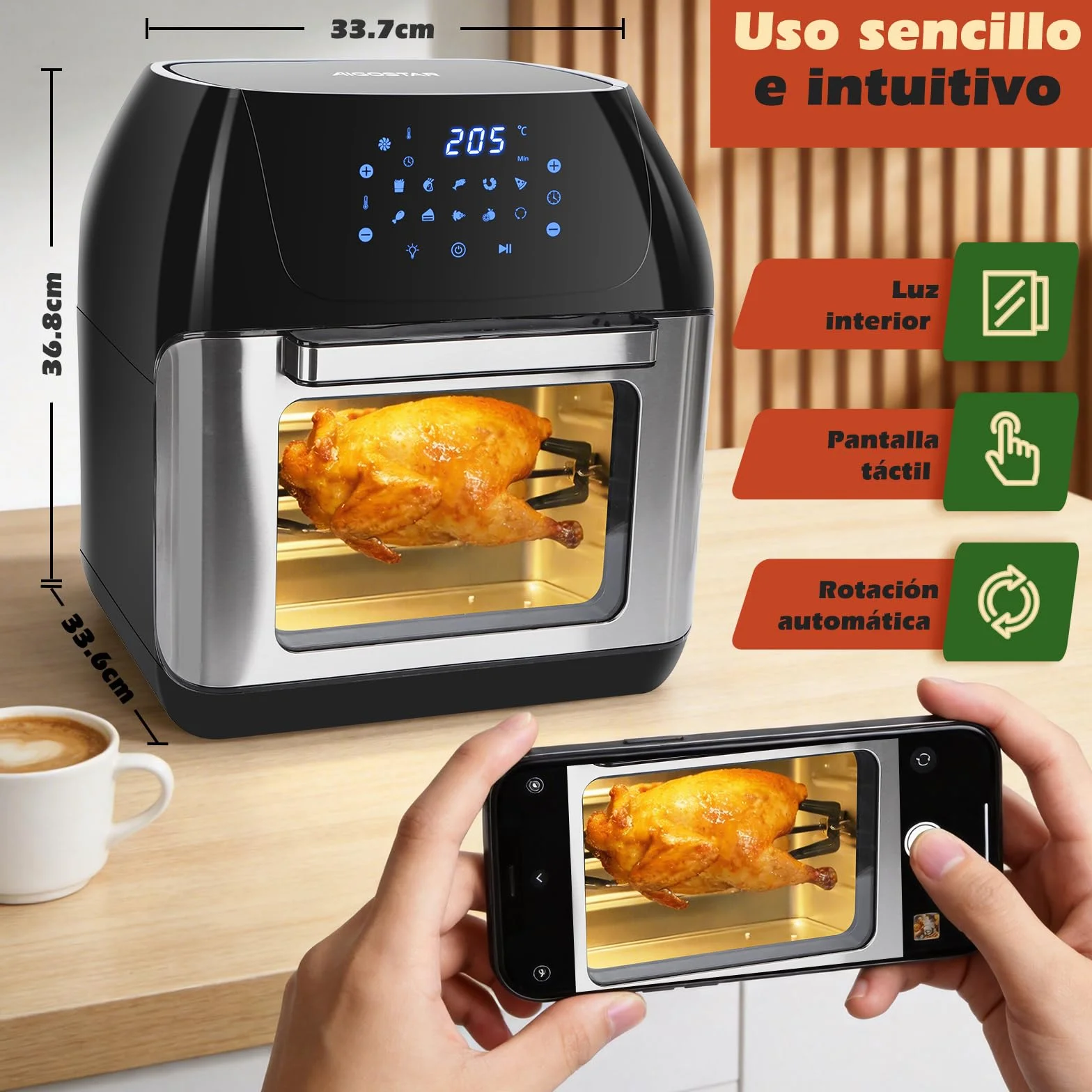 Aigostar Freidora Aire 12L con Sistema giratorio, Horno de Aire 1500W, 9 Programas y Pantalla LED Táctil, Air Fryer de Acero Inoxidable con Ventana Visualización, Accesorios Incluidos, Deshidratador