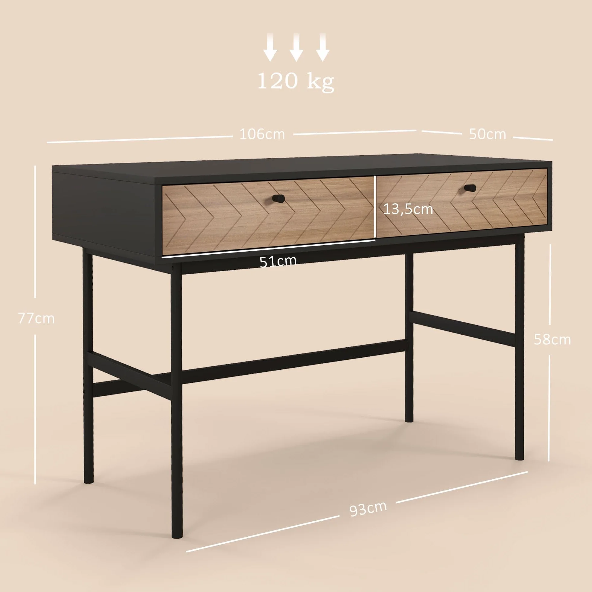 HOMCOM Escritorio con almacenaje Escritorio con cajones Mesa de Ordenador, Estructura metálica, 106L x 50W x 77H cm Negro