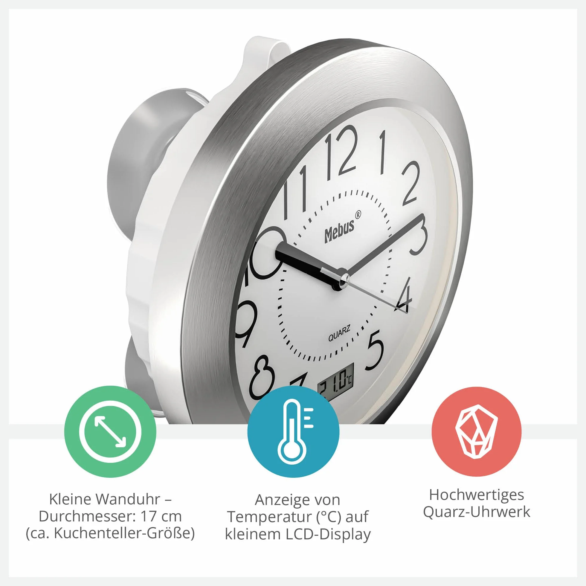 Reloj de baño de Cuarzo con Pantalla Digital, Marco de Aluminio, Blanco