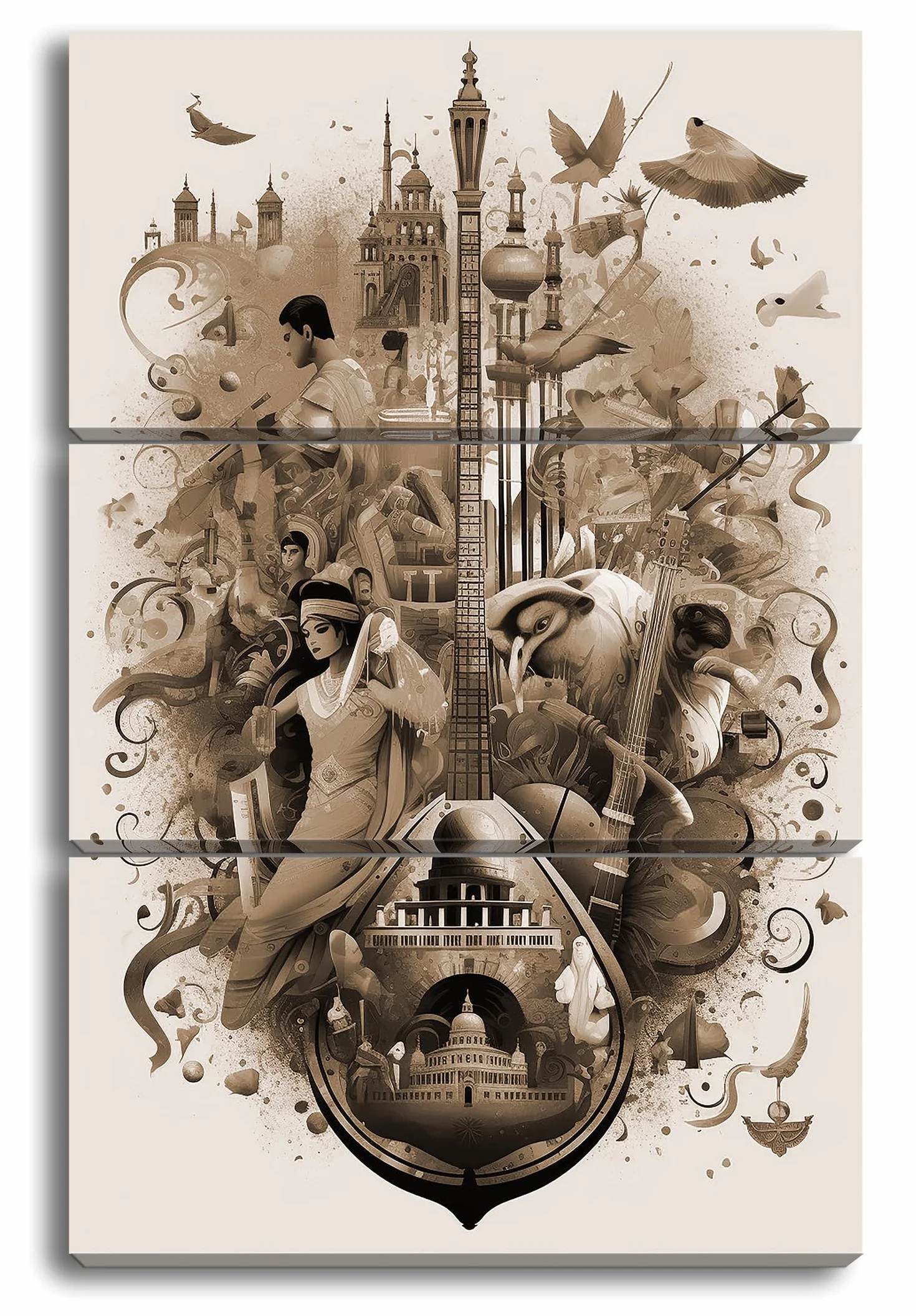 Lienzo de colores de la cultura, una fiesta de música, danza e historia, formato: 120 x 80 cm (3 partes), efecto: sepia XXL, impresión artística sobre marco de madera/mural/decoración de salón