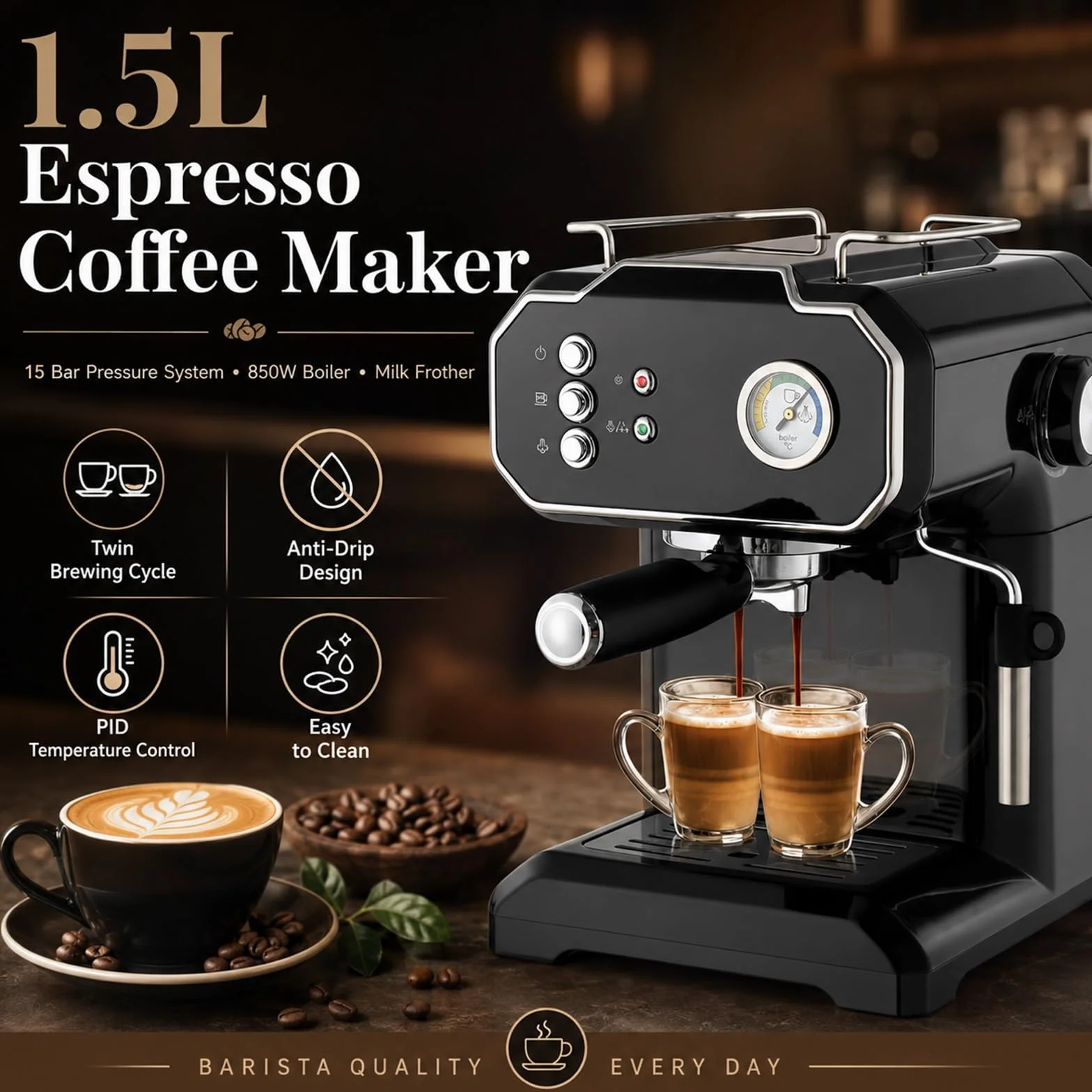 Cafetera Espresso De 15 Bares, Máquina Automática Con Vaporizador Para Espumar Leche, Cafetera De Alta Presión Para Cappuccino Y Latte, 850 W, Ideal Para El Hogar Y La Oficina