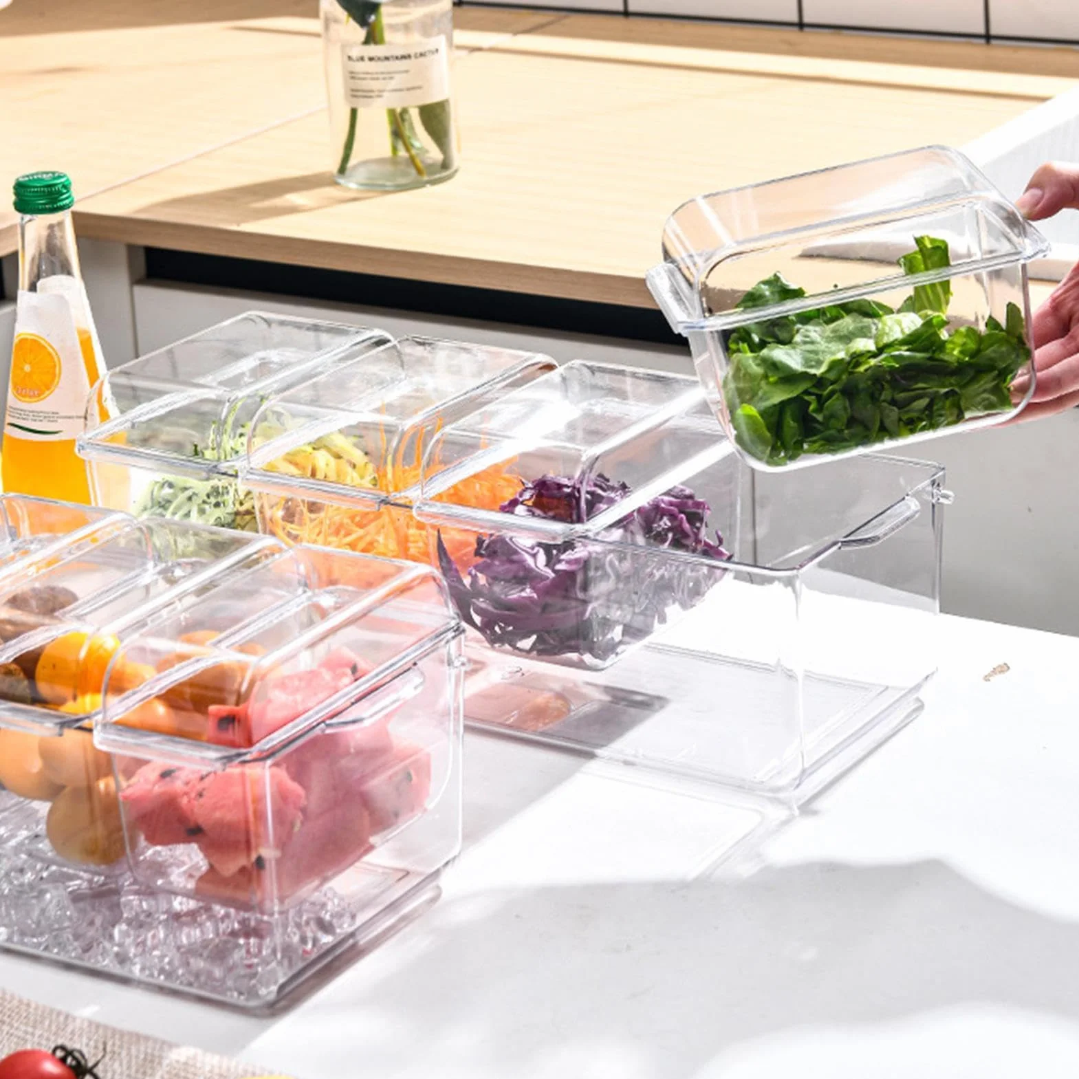 Plato para servir frío, plato portátil multifuncional para fiestas para ensaladas de mariscos, aperitivos con hielo, ideal para reuniones en interiores
