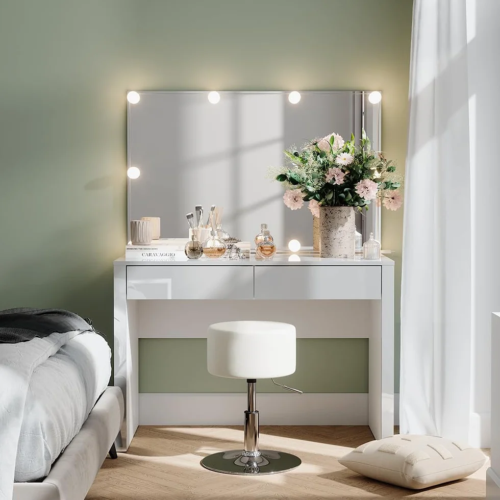 Vicco Tocador Annabelle, Blanco Alto Brillo/Blanco, 110 cm | con iluminación LED y taburete, Mantiene los productos de uso diario siempre al alcance de la mano