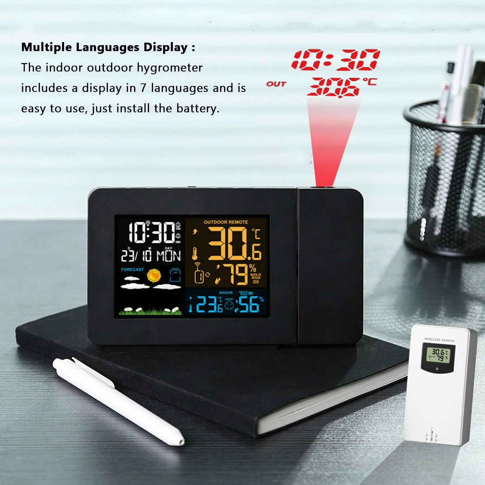 CHICIRIS Reloj Despertador Digital con Proyección para Dormitorio Estación Meteorológica Inalámbrica Termómetro Higrómetro Interior Exterior 7 Idiomas Alarma Dual