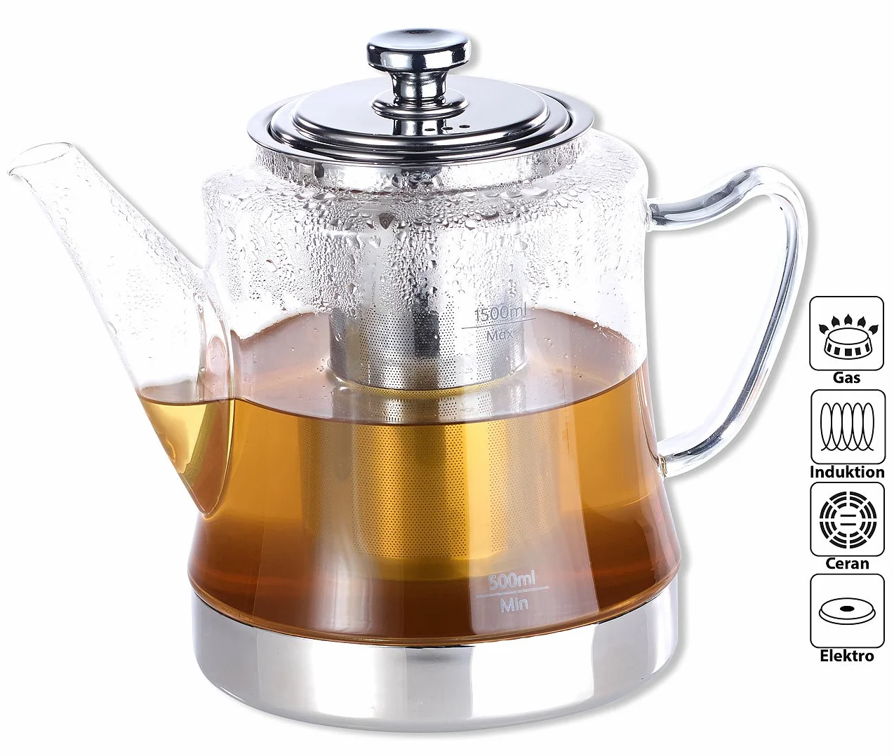 Rosenstein & Söhne Teteras - Tetera: Tetera y tetera de vidrio 2 en 1 para todas las estufas, también inducción, 1,5 l (tetera por Cocina de inducción, Tetera Vaso, apto para inducción)