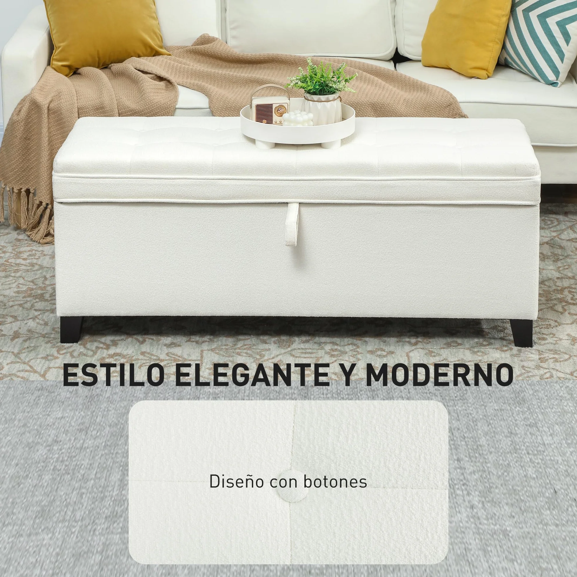 HOMCOM Puff Almacenaje Banco Almacenaje 112L Tapizado en Lino con 2 Bisagras de Seguridad Tapa Abatible y Asiento con Capitoné para Dormitorio Salón Entrada Carga 120 kg 120x40x48 cm Crema