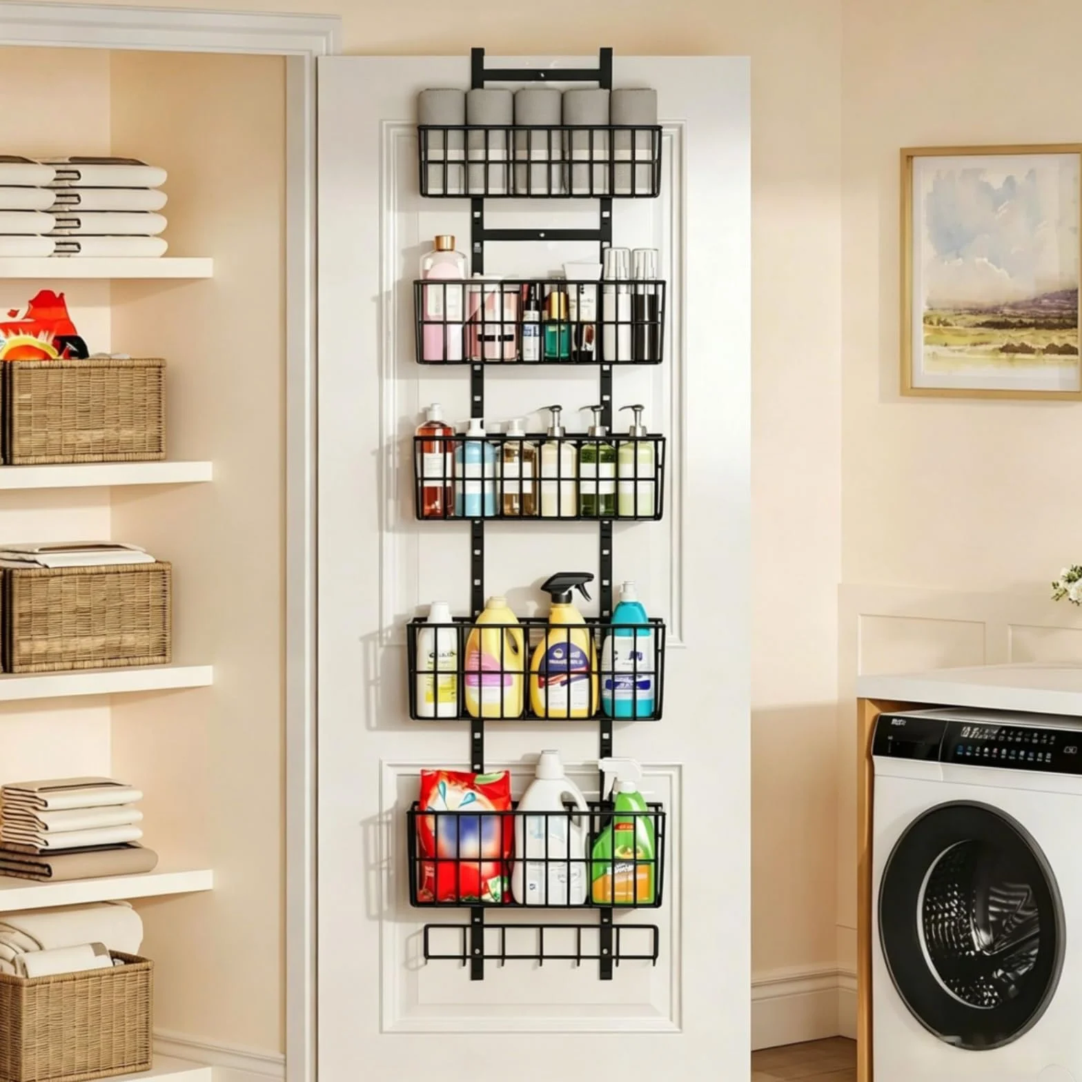 Organizador sobre la Puerta con Cestas Colgante Organizador sobre la Puerta con Varios Ganchos Ahorra Espacio Estantería para Baño,