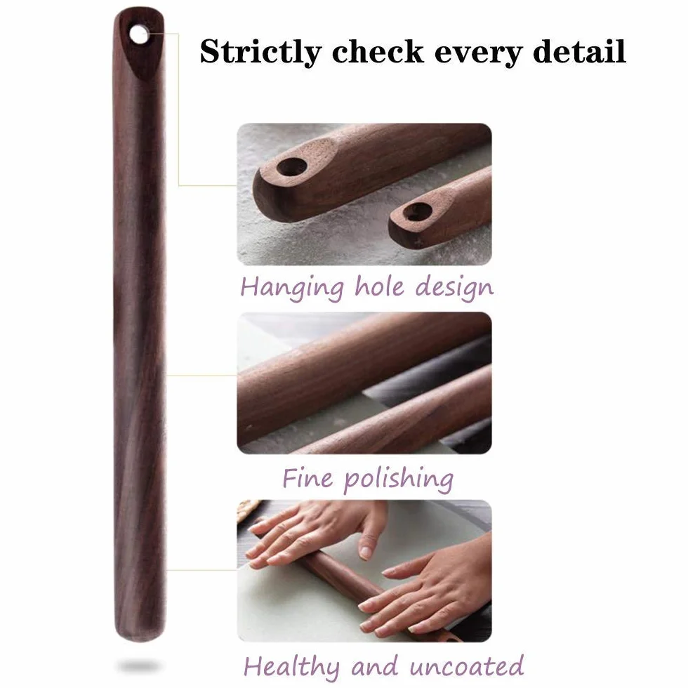 Rodillo de madera Rodillo para masa Rodillo grande de madera maciza de nogal con gancho, ideal for hornear gomitas, galletas y fideos, 28,5 cm de longitud