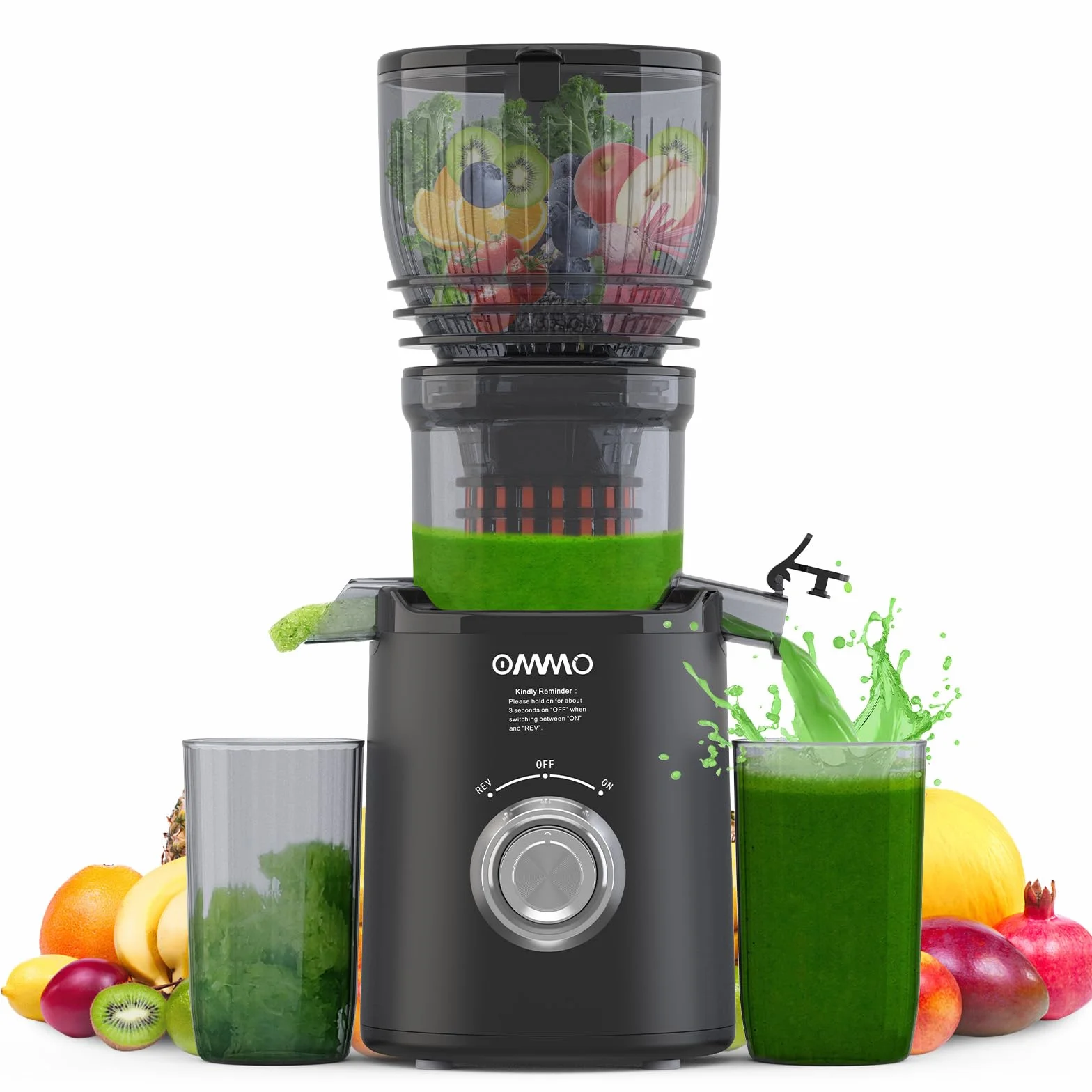 OMMO Extractor de Zumos y Verduras, 300W Exprimidor de Frutas y Verduras con Apertura de 148 MM, Extractor de Jugo Juicer Machine, Sin BPA, Negro