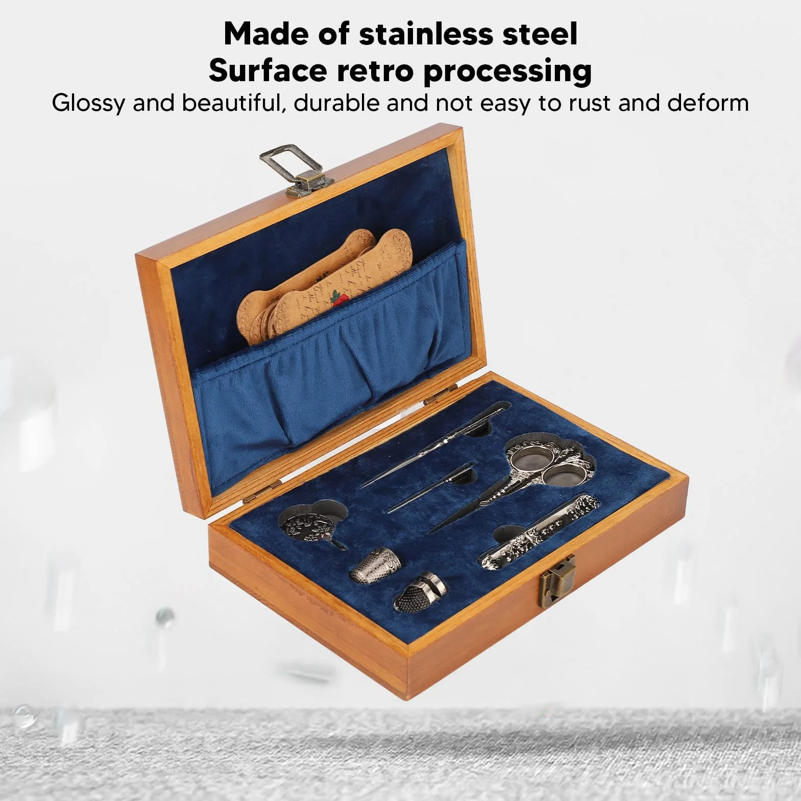 Juego de tijeras de bordado vintage, kit de tijeras de costura de acero inoxidable, caja de costura retro de madera con herramientas de bordado multifuncionales para coser, tejer y (Plata)