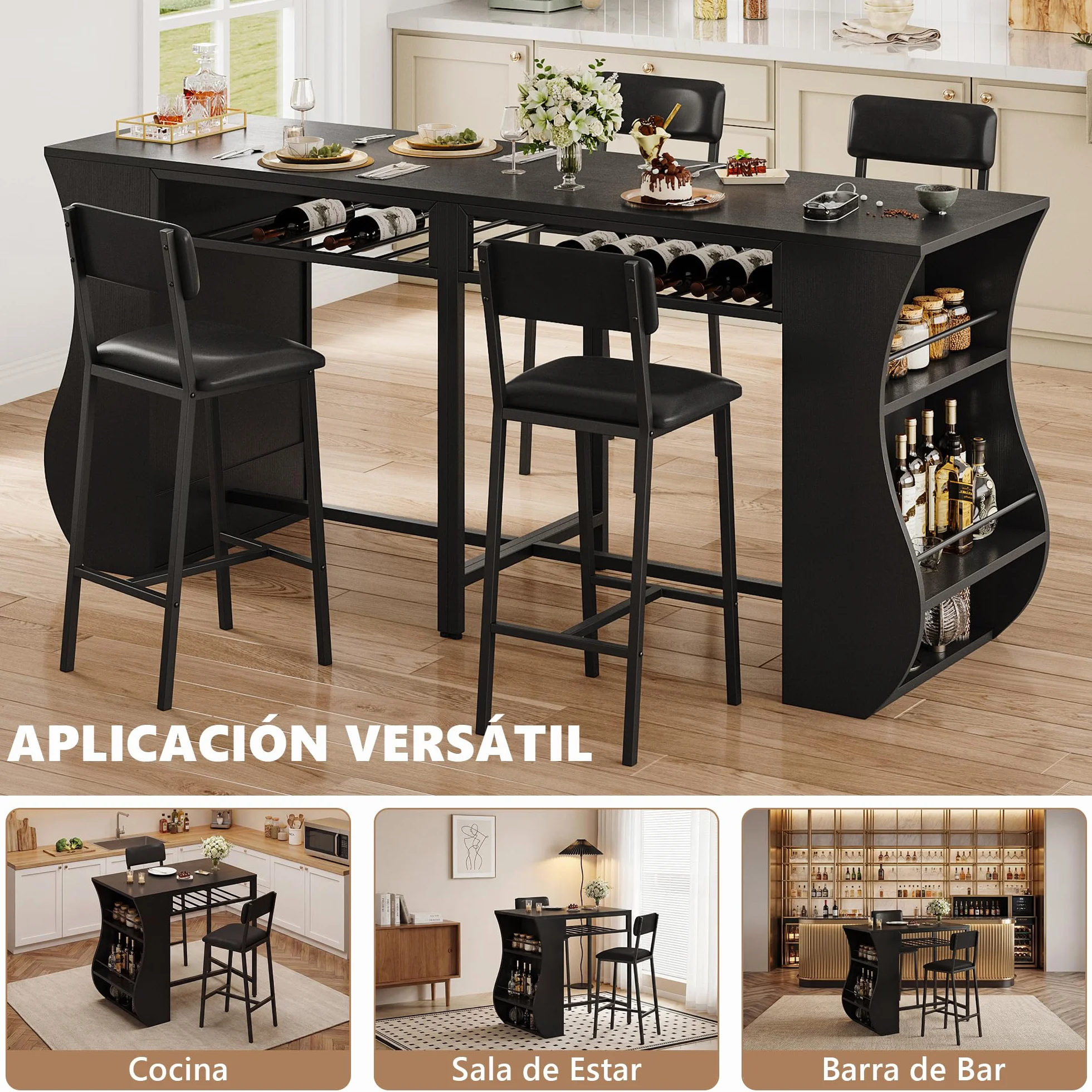 FEONASE Juego de mesa de bar y taburetes de 3 piezas con estante para vino, marco de acero