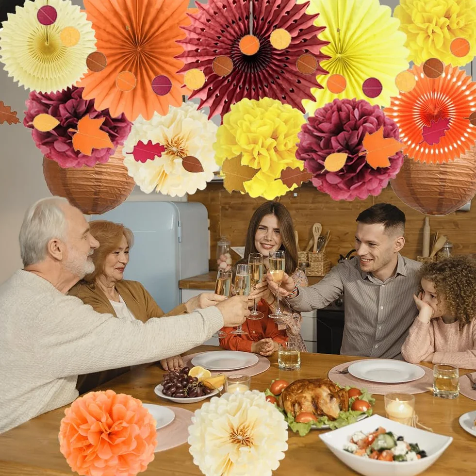 Decoraciones de Fiesta de Otoño: Abanicos de Papel Naranja y Burdeos, Pompones Amarillos, Faroles, Guirnalda de Hojas de Arce, Lunares Circulares para Cosecha, Cumpleaños