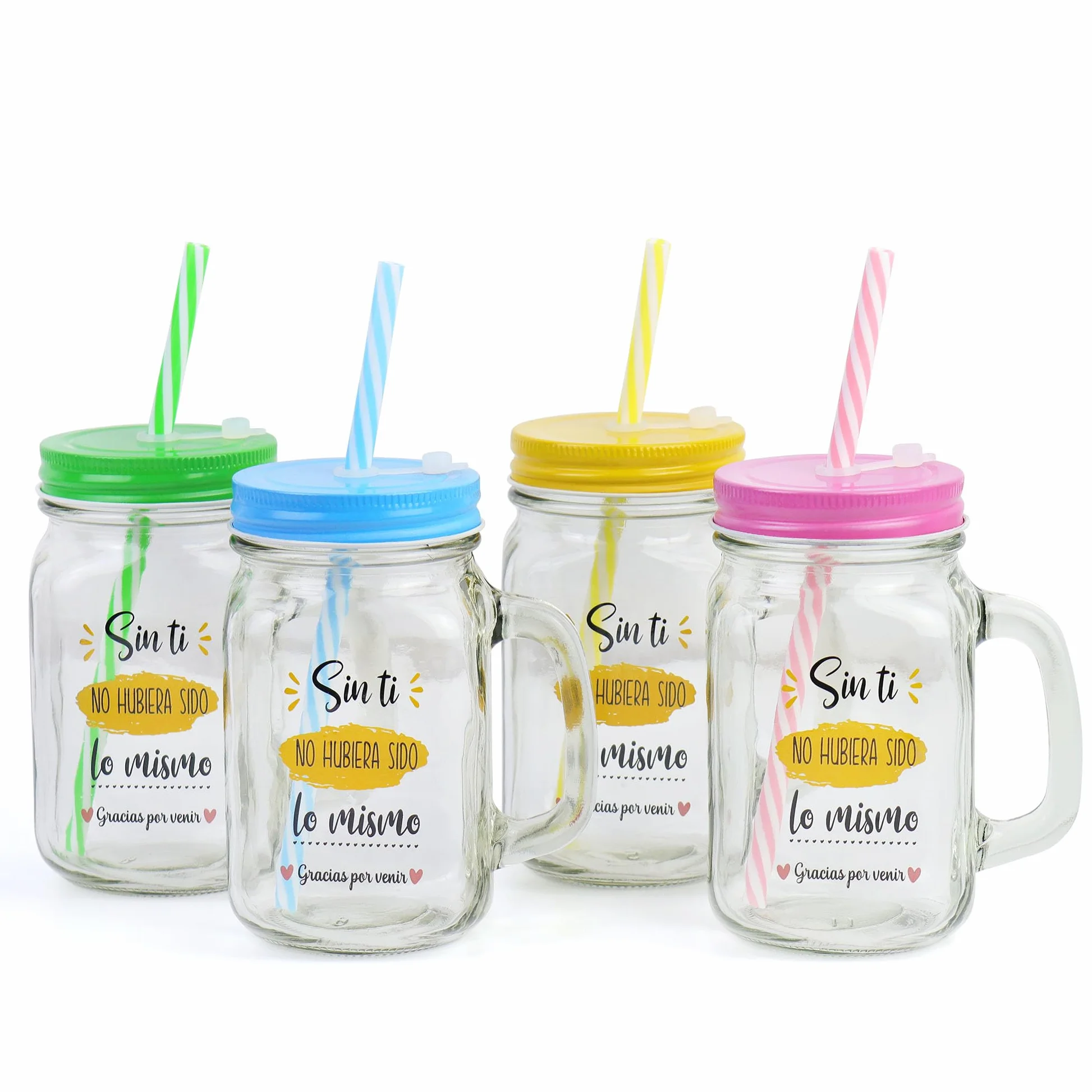 Pack de 6 a 24 uds, Jarras de Cristal con Frases Agradecimiento, Asa y Pajita, 480 ml, 13,5 x 7 cm, Modelos Surtidos No Personalizables, Detalles de Boda para Invitados, Regalantes (24, Surtido)