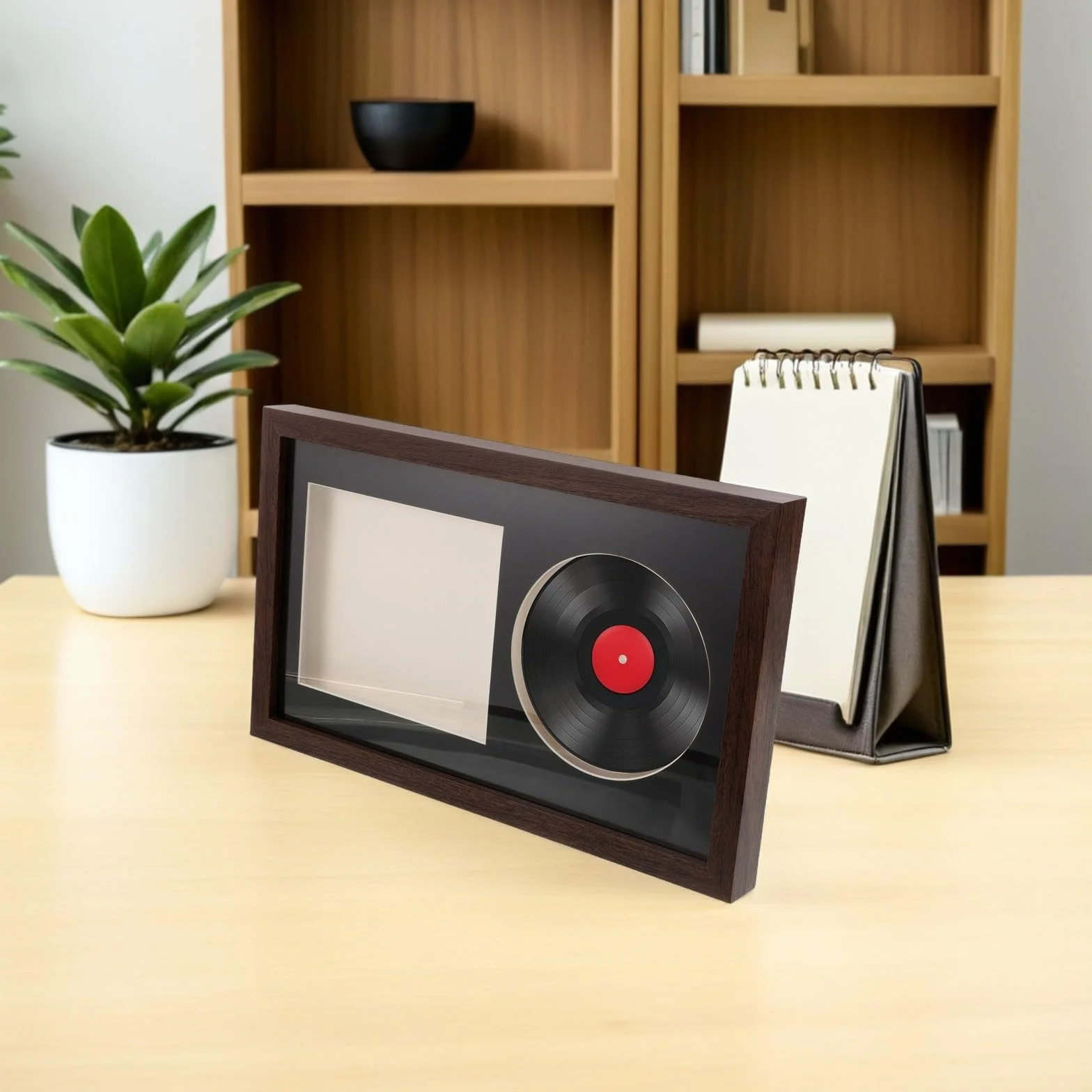 Toyvian Marco Expositor para Álbumes de Música y CD Diseño Hueco 3d, Soporte de Madera y Plástico para Exhibición Completa y Ahorro de Espacio en Rincón Musical