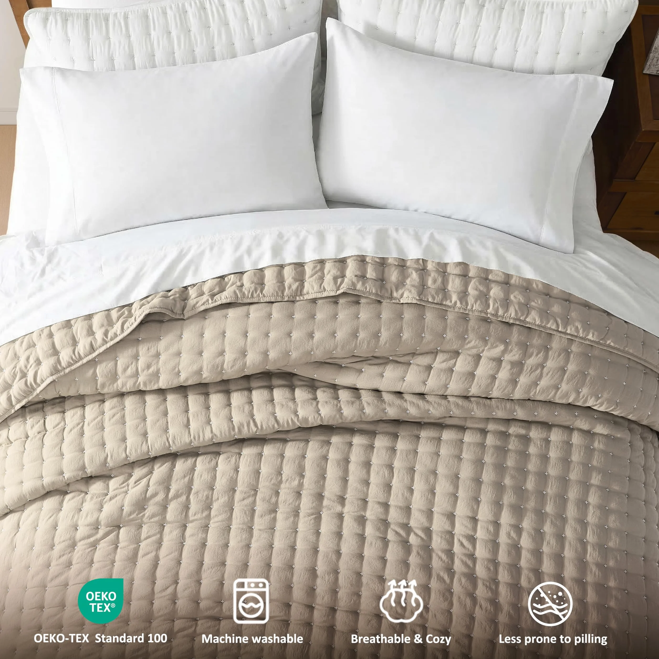 R.SHARE Colcha Verano Cama 180/200, 300x270cm Beige Colcha Bouti Cama Primavera, Cubrecama Ligera Acolchada para Cama o Sofá Suave y Transpirable, Edredón Verano Todo el Año (sin Funda de Almohada)