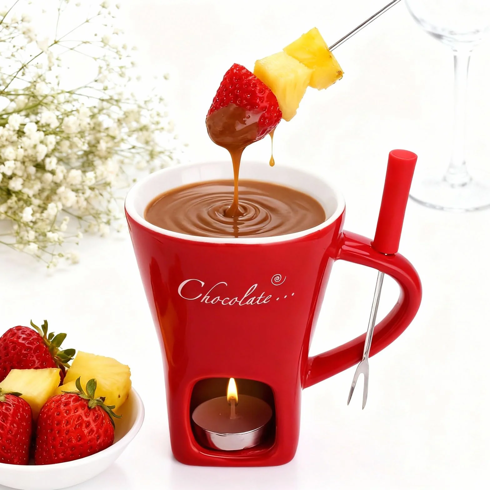 Taza de cerámica para fondue de chocolate 130 ml con portavelas y tenedores