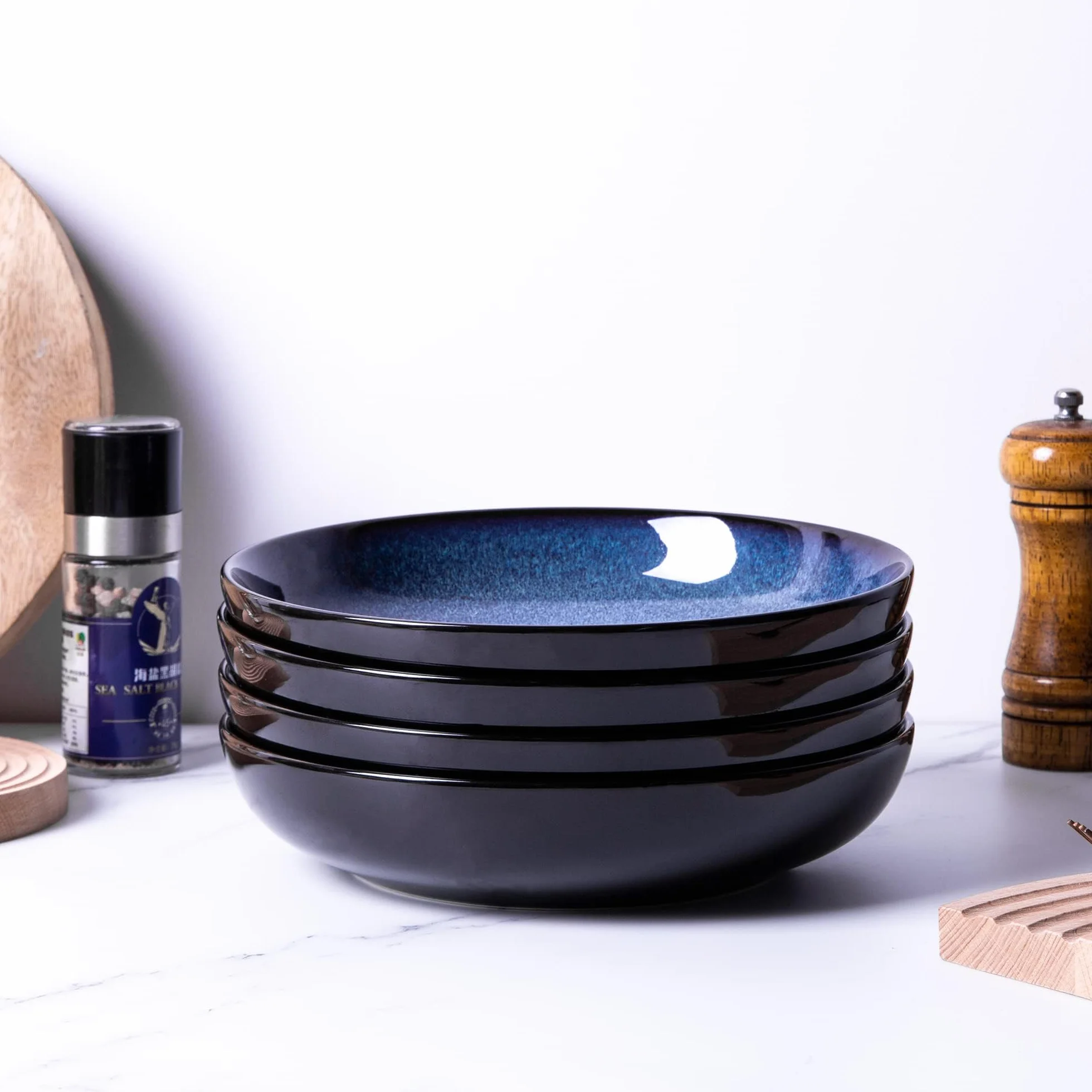 LeRatio Cuencos grandes para pasta de 22 cm, juego de 6 platos profundos de gres, resistentes a los arañazos, cuencos modernos para sopa, fideos, aptos para microondas AMD y lavavajillas, azul