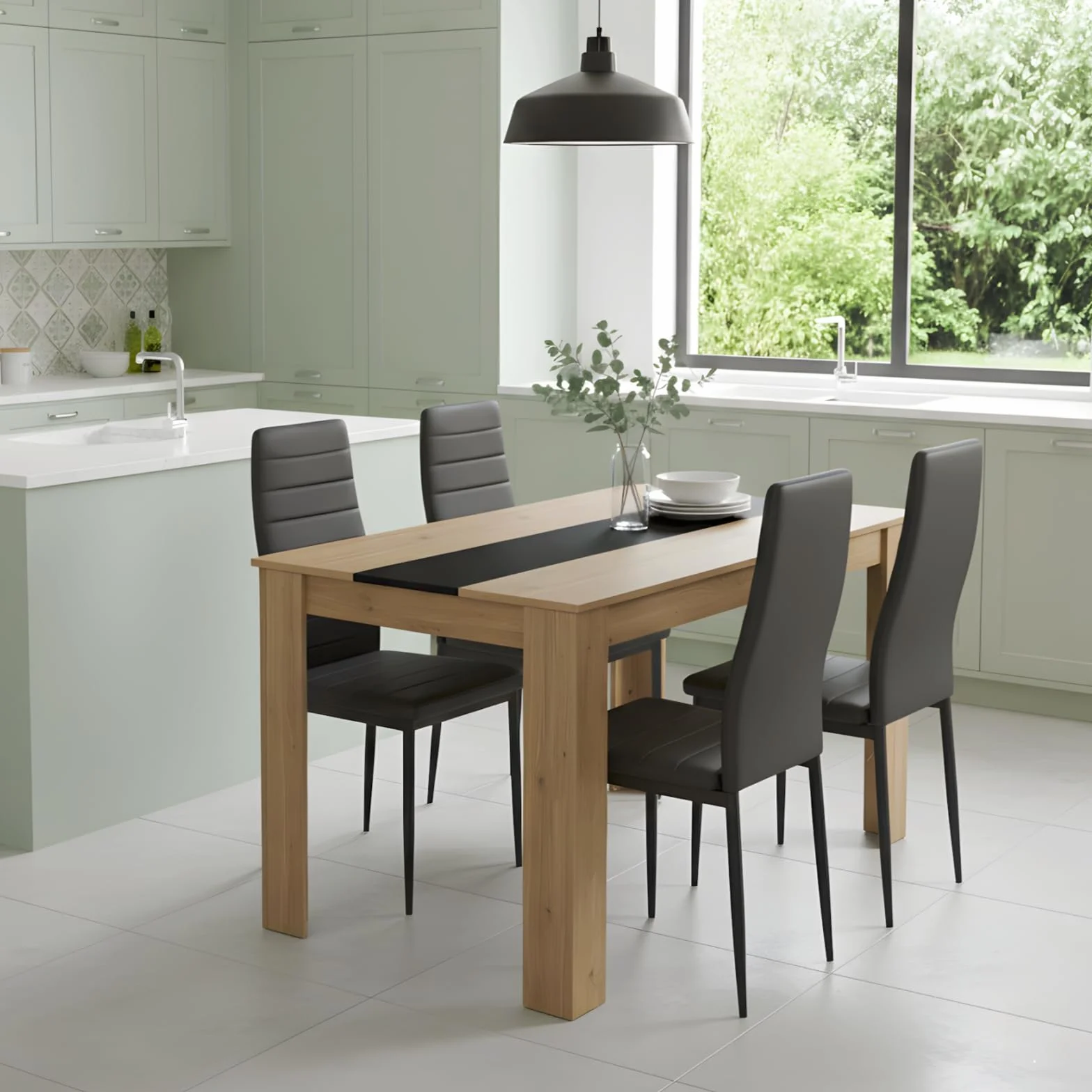 Juego de mesa de comedor rectangular de 110 cm con 4 sillas, conjunto de mesa y sillas de comedor de piel sintética gris, para pequeño espacio de cocina, comedor y salón (roble + gris)