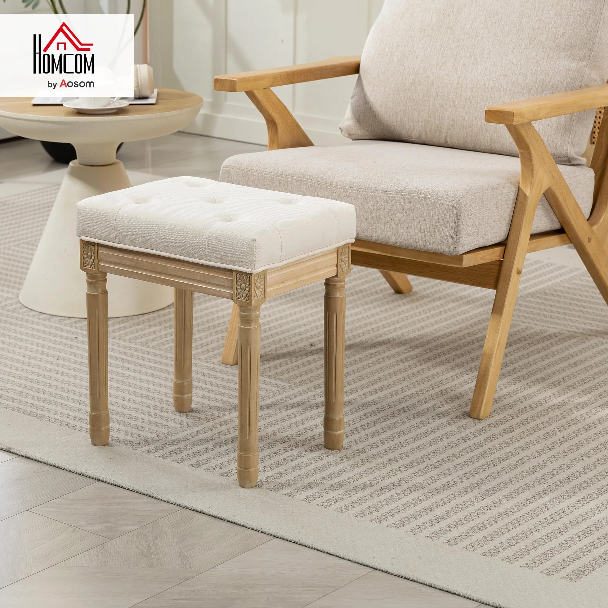 HOMCOM Reposapiés Salón Rústico Tapizado para Dormitorio Sofá Beige | Taburete Bajo, Lino Sintético, Patas Talladas de Madera, Otomana
