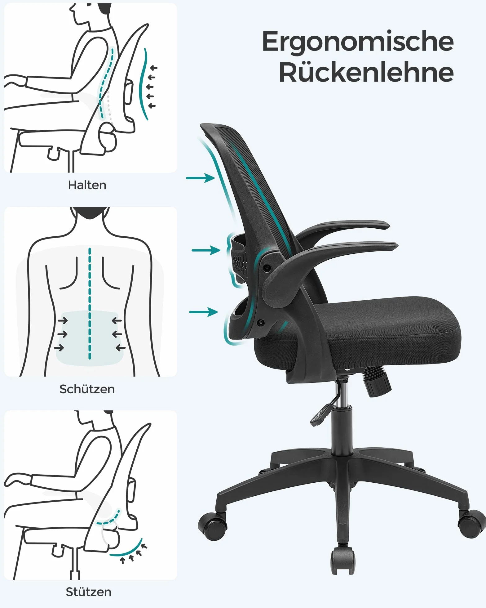 SONGMICS Silla de Oficina, Silla de Escritorio, Silla Giratoria Ergonómica, Silla de Ordenador, Altura Ajustable, Apoyabrazos Abatibles, Mecanismo de Inclinación, Negro OBN035B01
