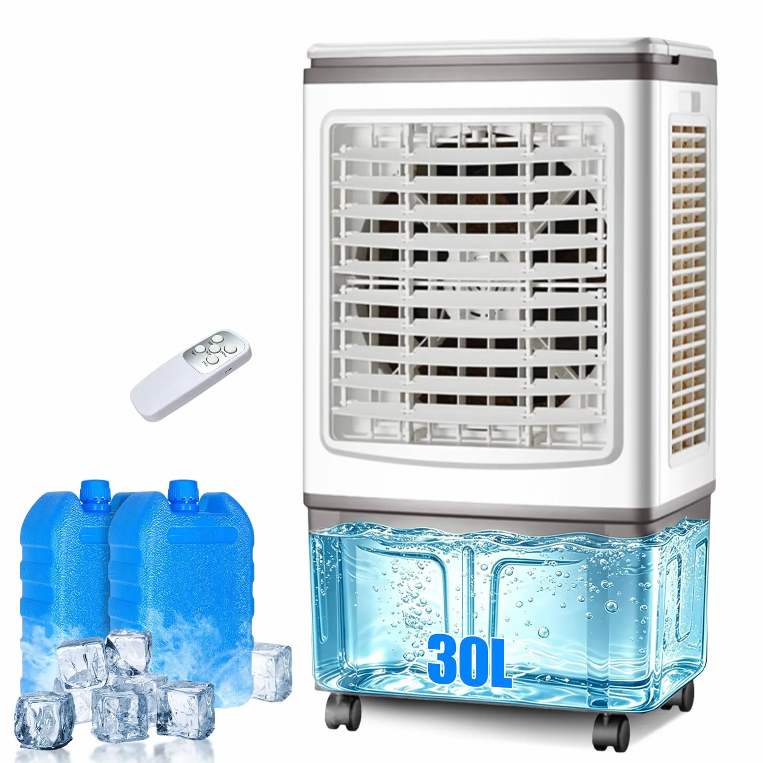 Climatizador Evaporativo 30L, Ventilador de Agua con Mando a Distancia y Acumuladores de Hielo, Potente Flujo de Aire, Enfriador Evaporativo Portátil para Grandes Espacios, Salón y Garaje