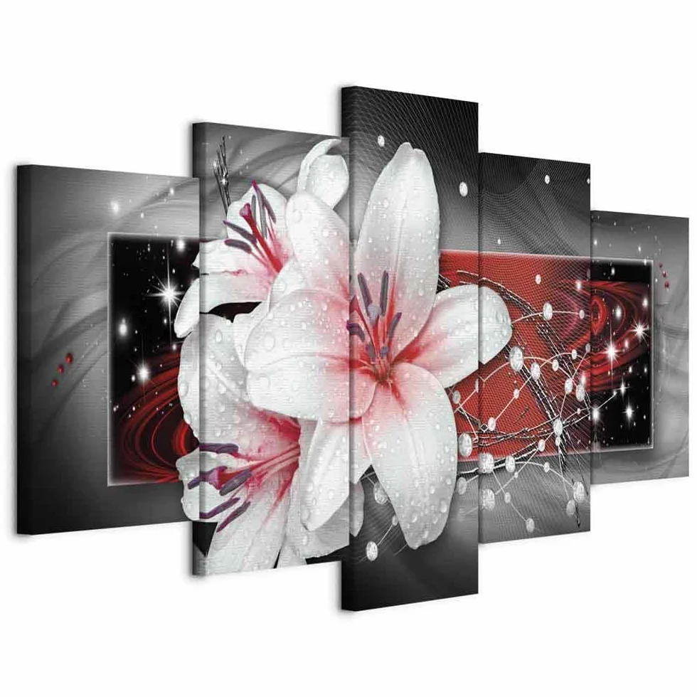murando Cuadro en lienzo Flores 225x112 cm 5 partes impresión en material tejido no tejido cuadro de pared impresión artística fotografía decoración- Lirios Abstracto Perlas rojo gris b-A-0616-b-m