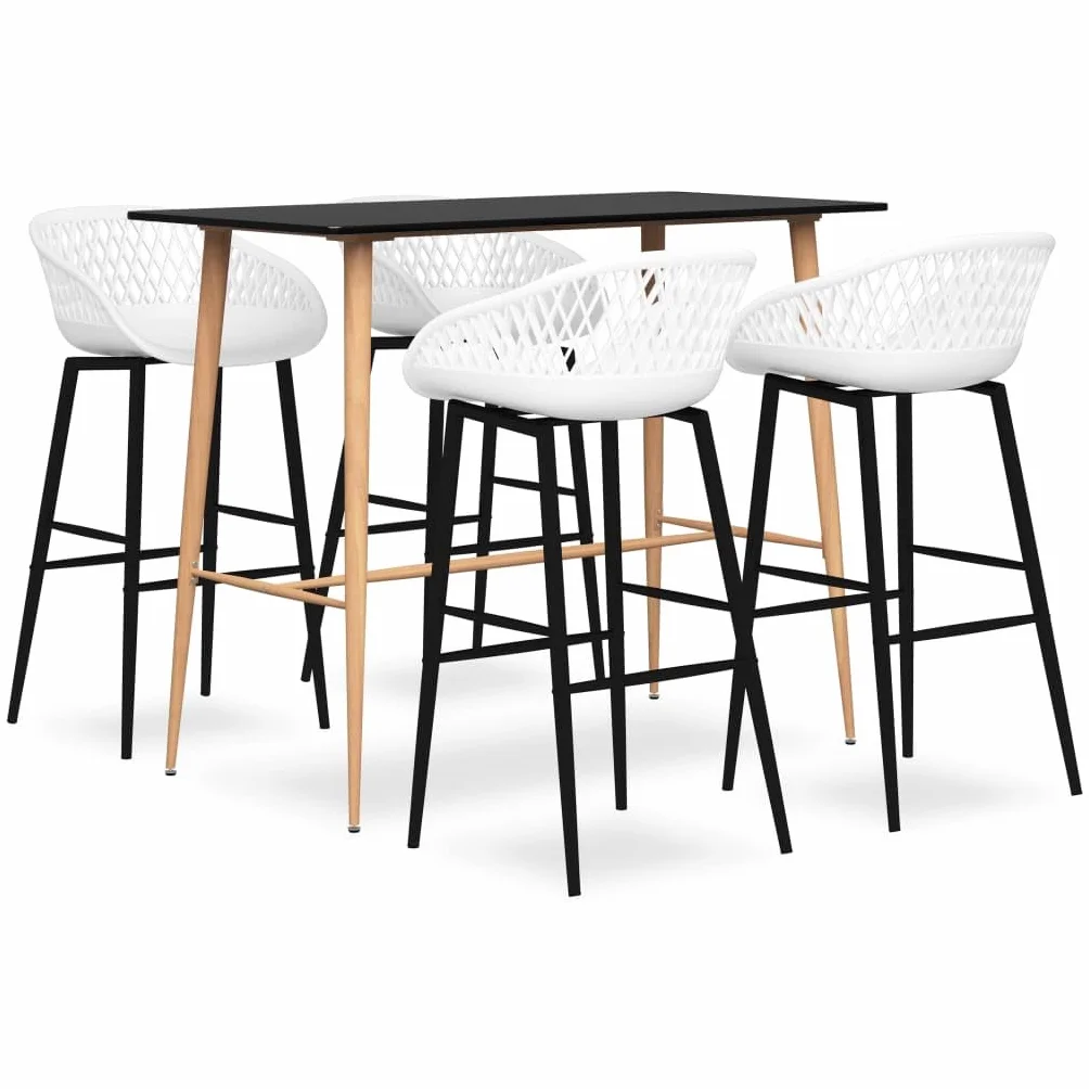 Juego de bar moderno de 5 piezas, mesa de bar con 4 taburetes de bar, negro y blanco, 120 x 60 x 105 cm, mesa alta con tablero de fibra de densidad media y patas de metal con aspecto de madera
