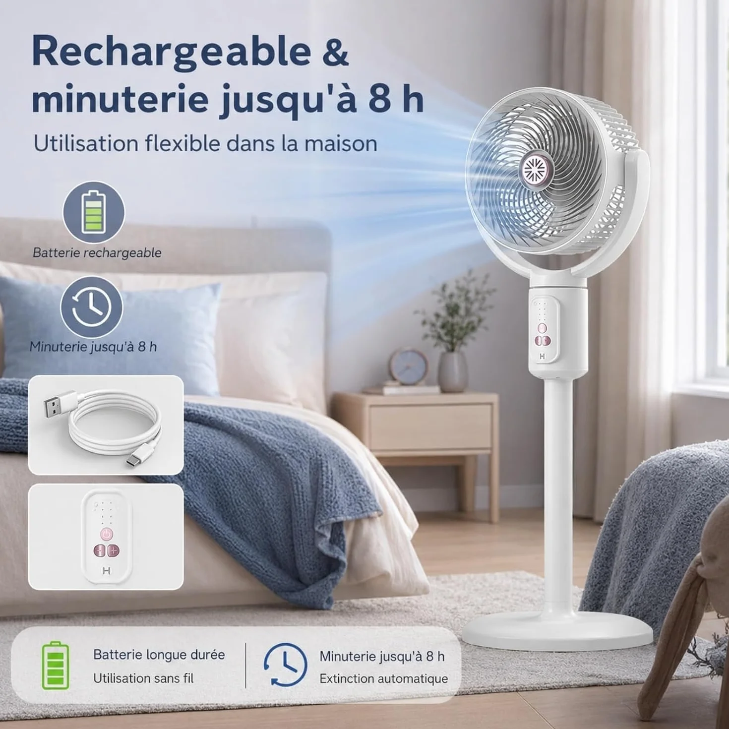 Ventilador de columna interior recargable, aire altura ajustable | Circulador con temporizador y mando a distancia for oficina, dormitorio, salón, cocina(B)