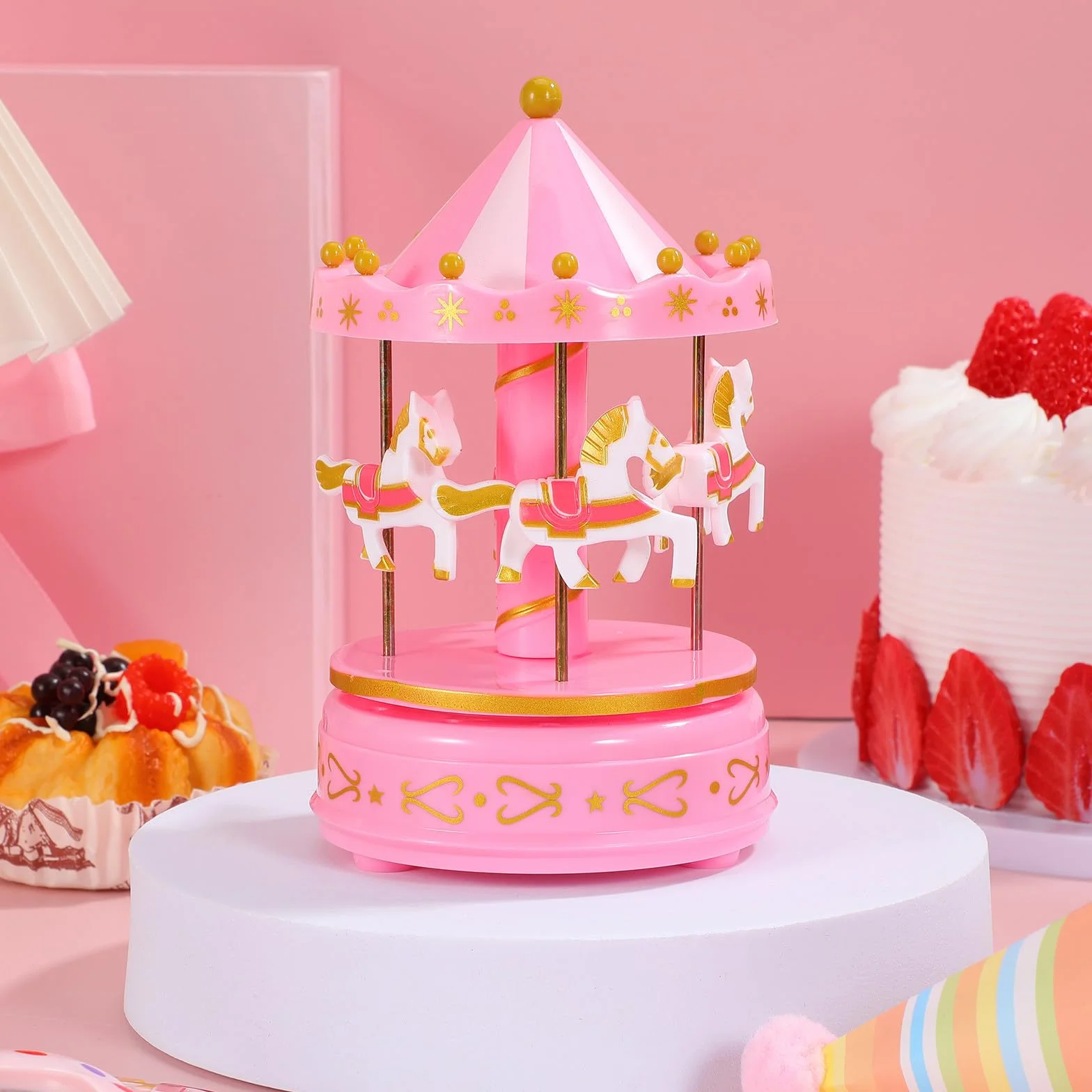 Holibanna Caja de Música y Artesanía Exquisita de Carrusel Rosa Portátil y Fácil de Operar Diseño Romántico para Obsequio en Navidad y Año
