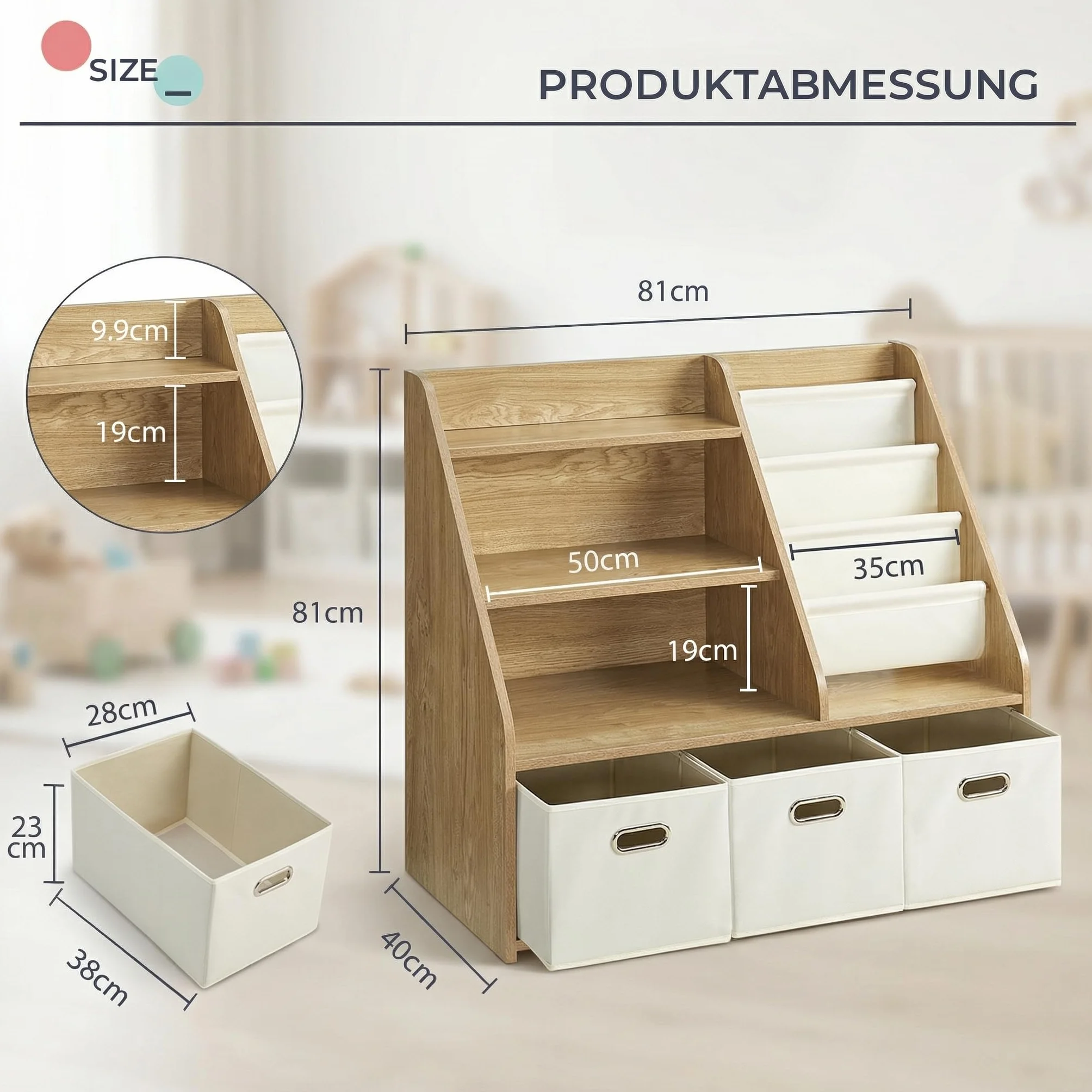 Estantería para niños con Almacenamiento – Montessori – Estantería de Madera para Juguetes de 4 Niveles con 3 cajones y 4 Cajas de Tela | Organizador para habitación Infantil y Sala de Juegos
