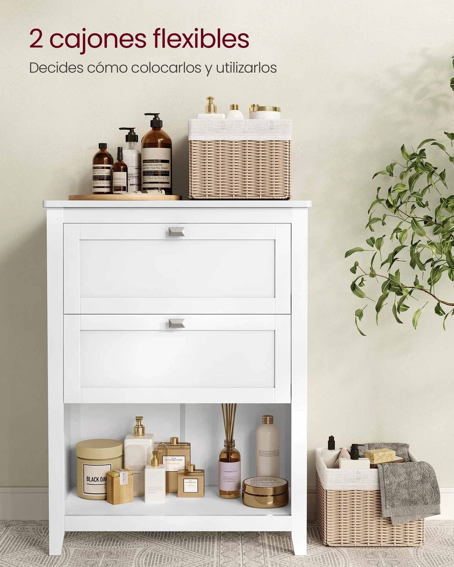 VASAGLE Mueble de Baño, Armario de Baño, 2 Cajones con un Juego de Divisor Regulable, 2 Cestas, Aparador, 30 x 60 x 80 cm, Blanco Nube BBC545W02