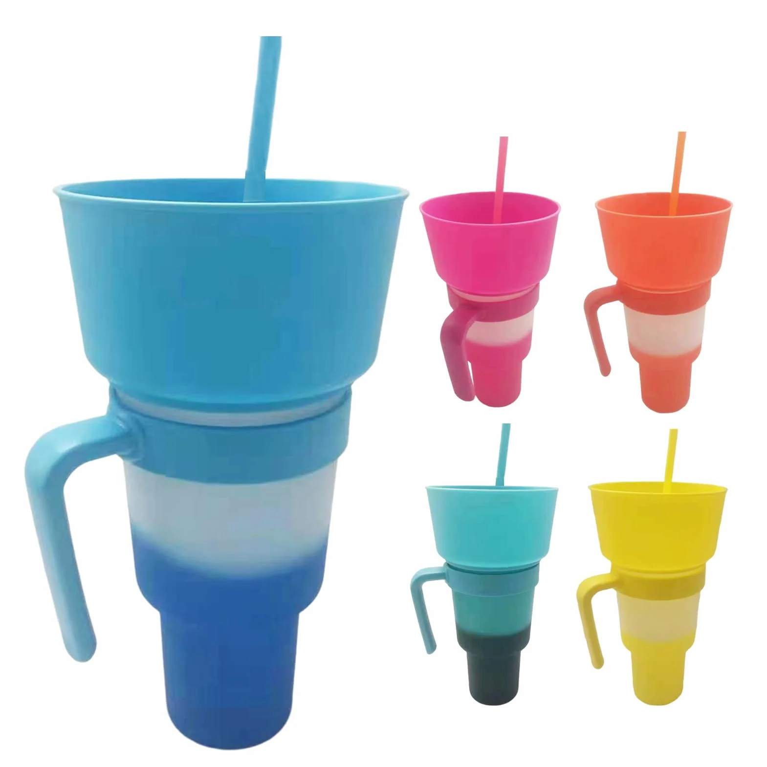5 vasos 2 en 1, vasos de plástico reutilizables para bebidas y aperitivos con popote, vaso de estadio con cuenco superior para papas fritas y Coca-Cola, perfecto para uso sobre la marcha con una