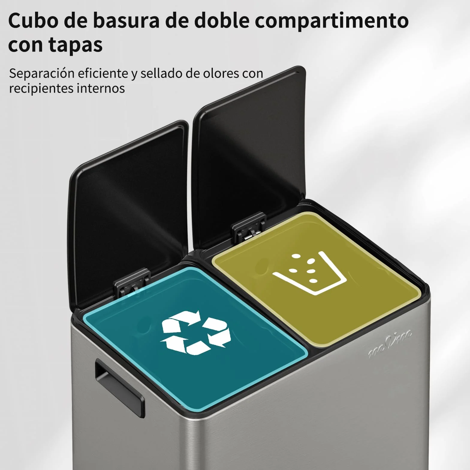 mVm Cubo de Basura Cocina, 2 Compartimentos 2 x 30L Papelera de Cocina de Acero Inoxidable con Pedales, Papelera Moderna y Robusta, Cierre Suave, para Cocina, Salón, Gris
