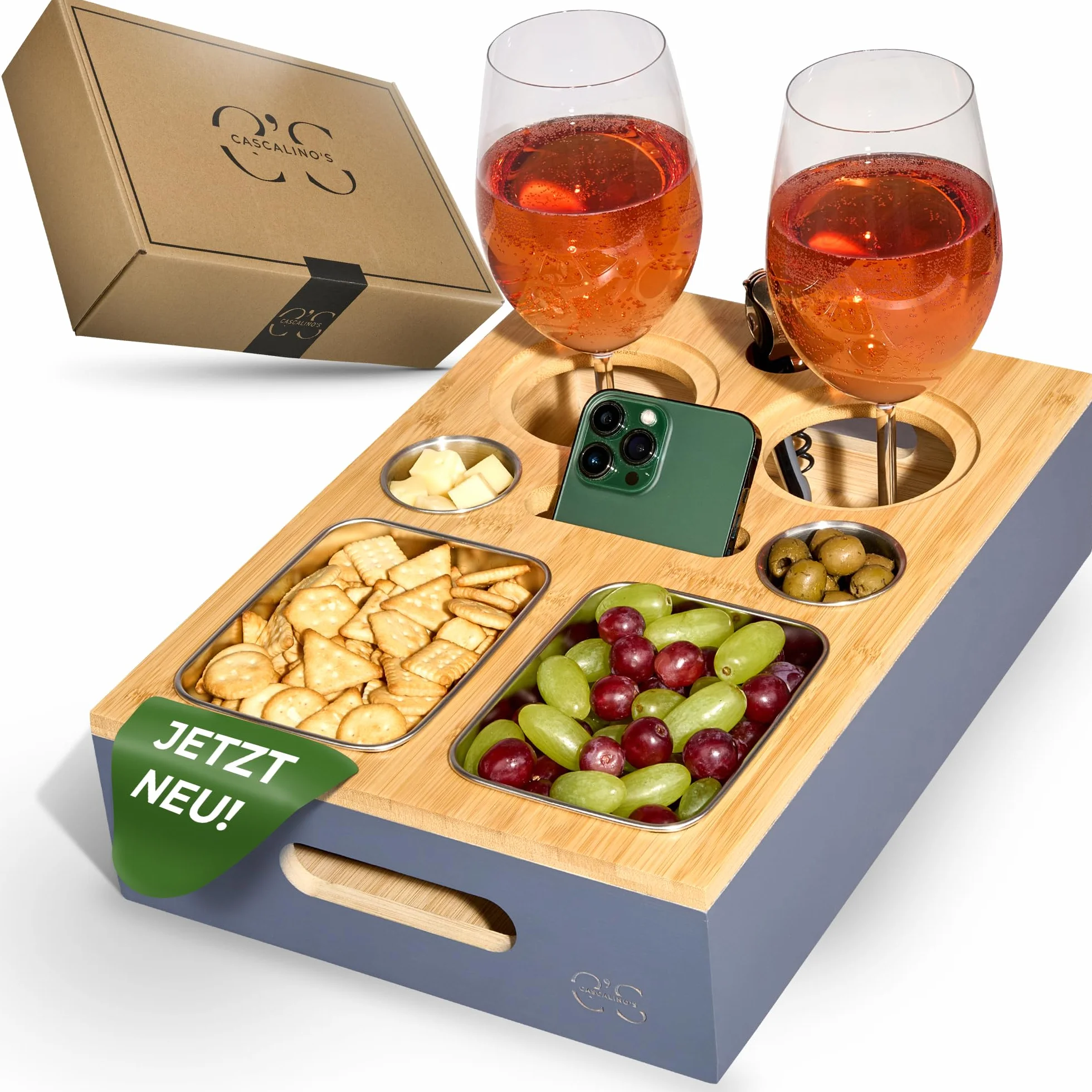 Cascalino's Barra de café con cuencos para aperitivos de acero inoxidable – Bandeja de sofá de madera | Organizador de sofá con soporte para bebidas | Bandeja para sofá de madera, barra de aperitivos,