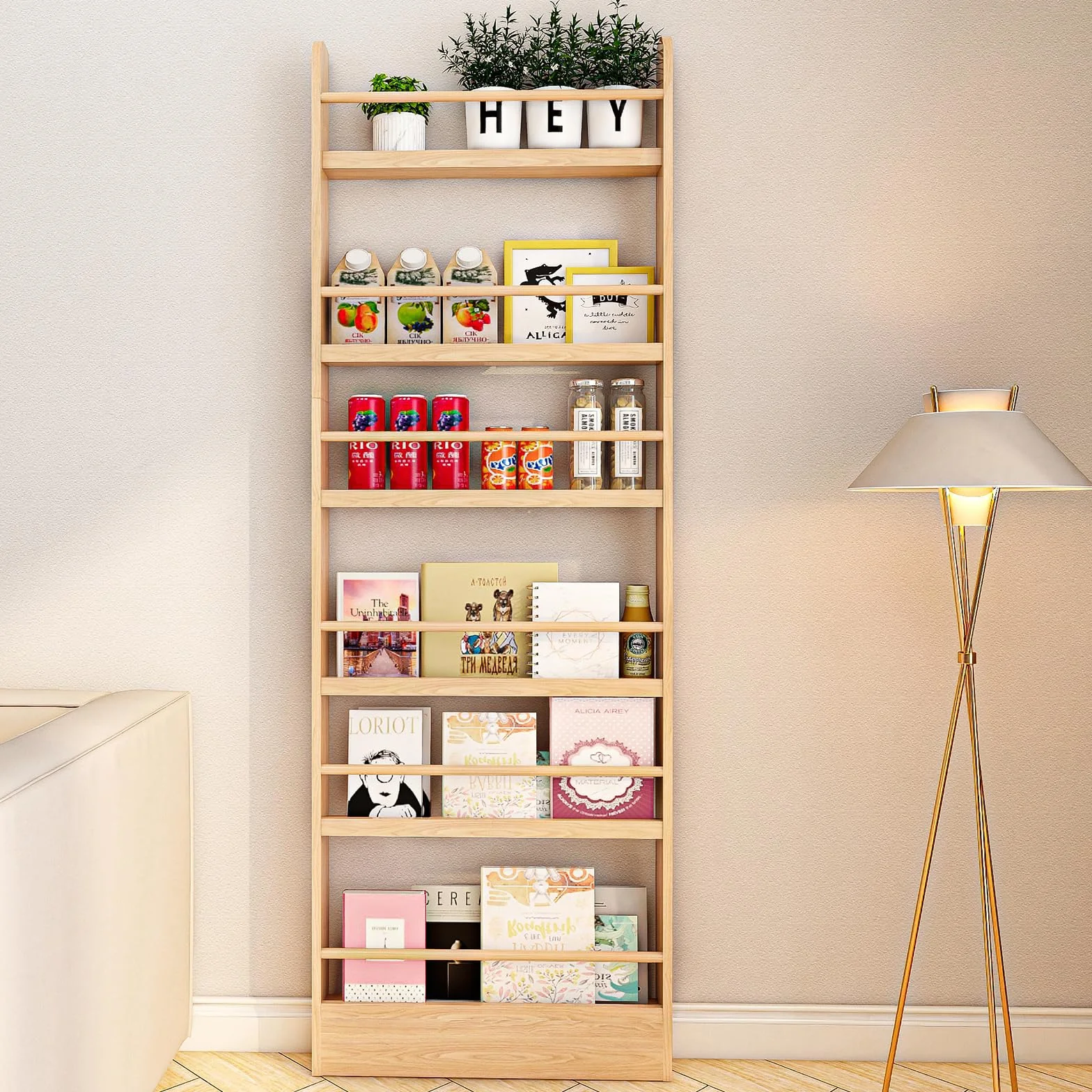 MYOYAY Estantería para niños detrás de la puerta, soporte de pared, organizador de 6 niveles para juguetes y libros, ahorra espacio, estantería estrecha de madera maciza