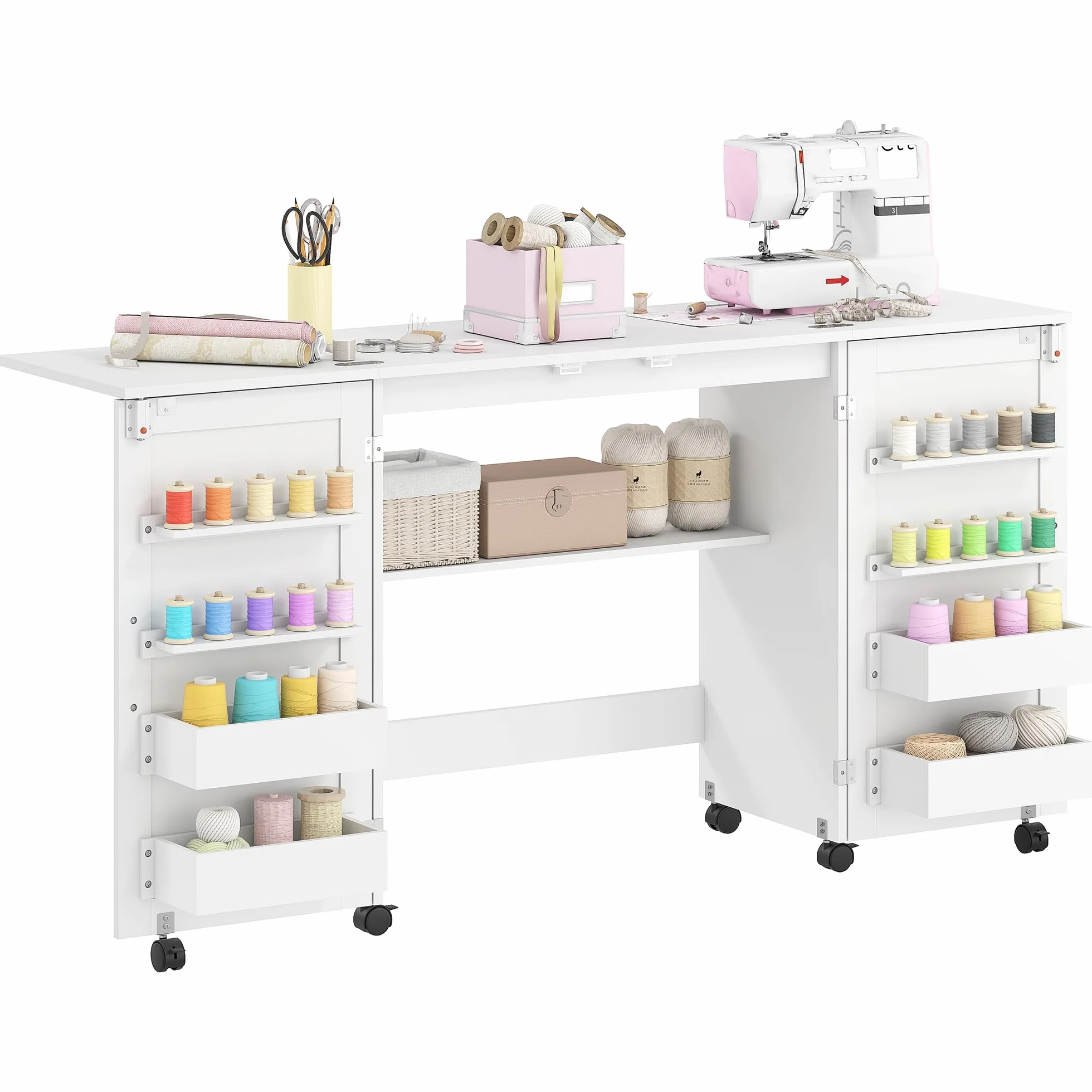 HOMCOM - Mesa de costura plegable, mueble de costura con ruedas con 2 puertas magnéticas, 4 bandejas, 20 ganchos y estante de almacenamiento, mueble máquina de coser para salón, oficina, estudio