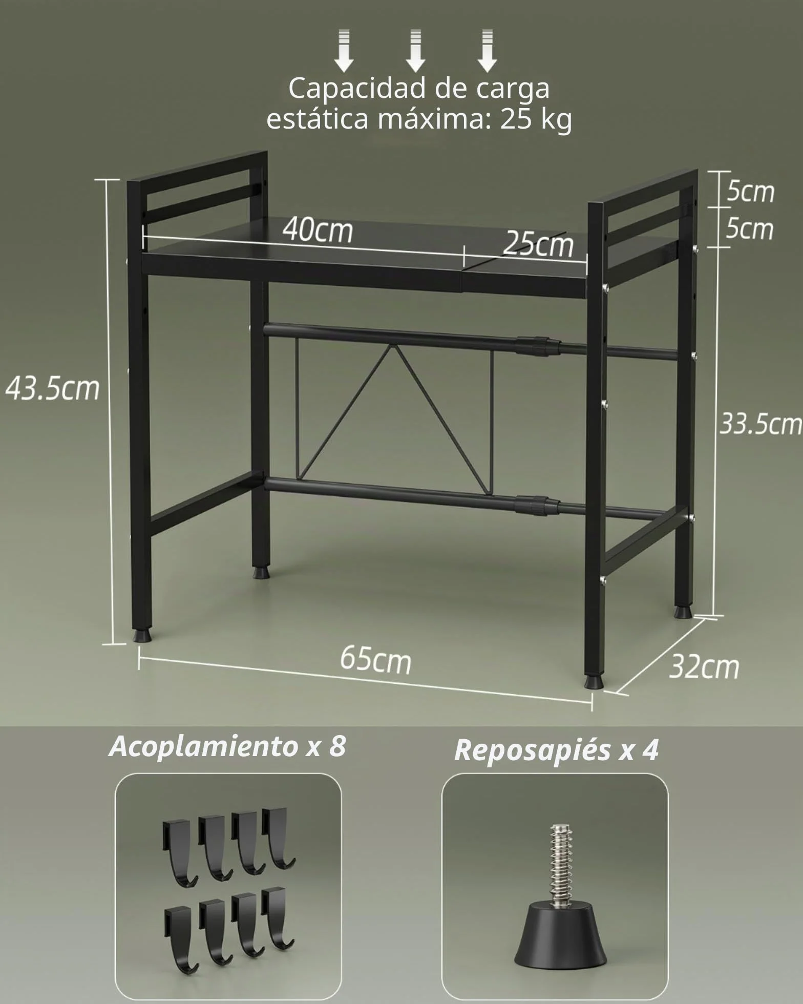 NETEL Soporte Extensible para microondas de 2 Niveles, Estante microondas encimera Ajustable, Soporte de Horno de Cocina, estanteria Cocina encimera, Organizador microondas con 8 Ganchos, Negro