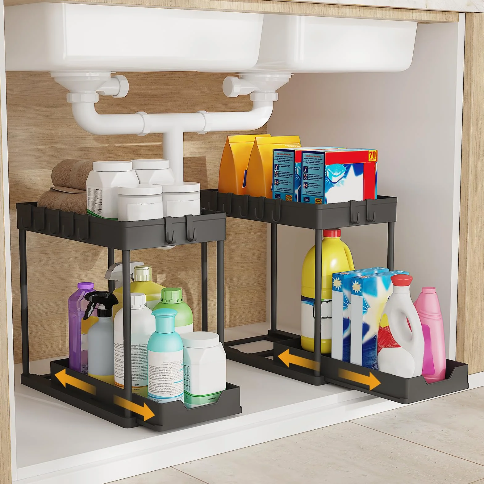 Organizador Cocina 2 Niveles para Debajo del Fregadero - Estante Almacenamiento Extraíble con 16 Ganchos, Negro