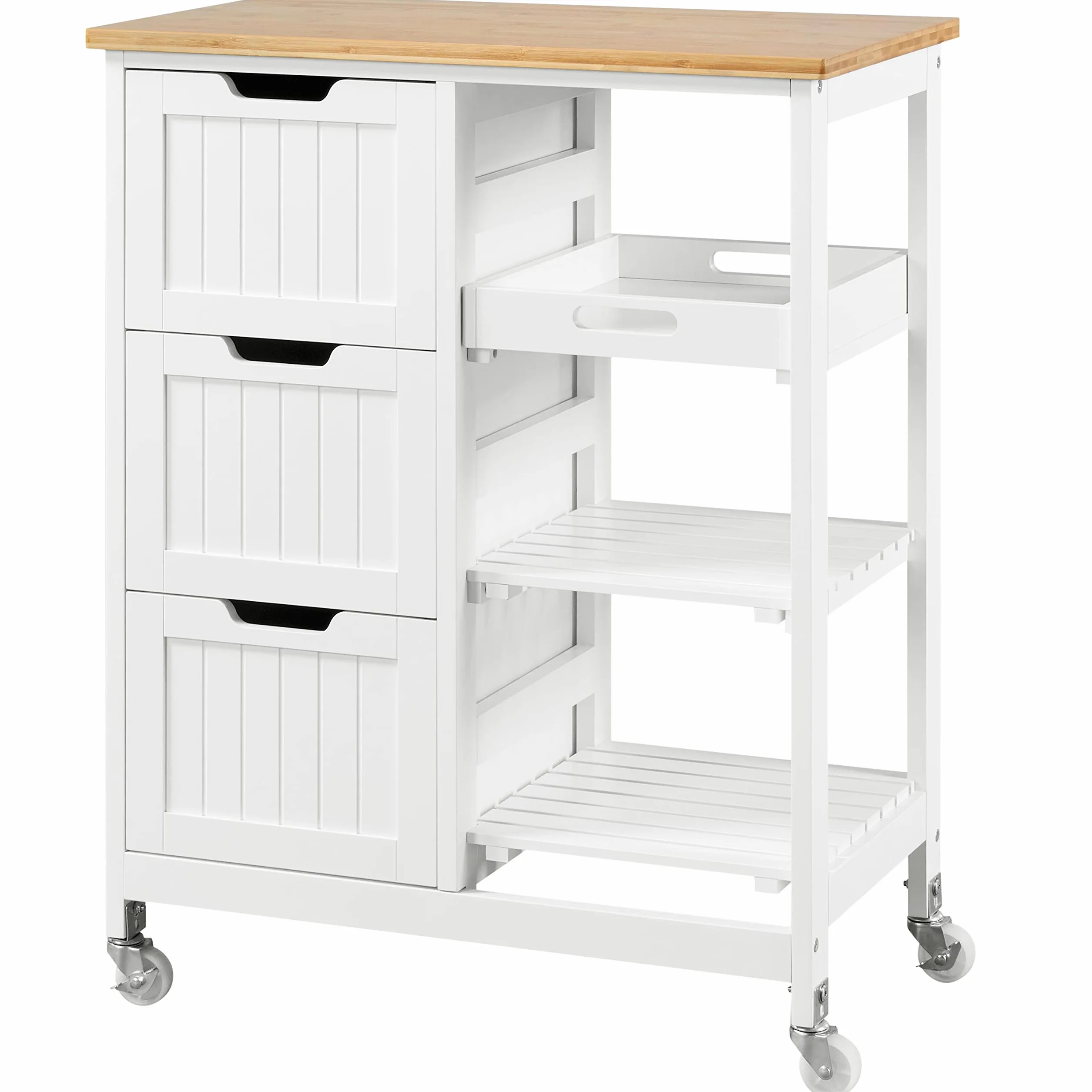 Yaheetech Carro de Cocina 4 Ruedas Carro de Almacenamiento con 3 Cajones y 3 Estantes Carrito de Servicio de Madera Blanco 67 x 37 x 84,5 cm