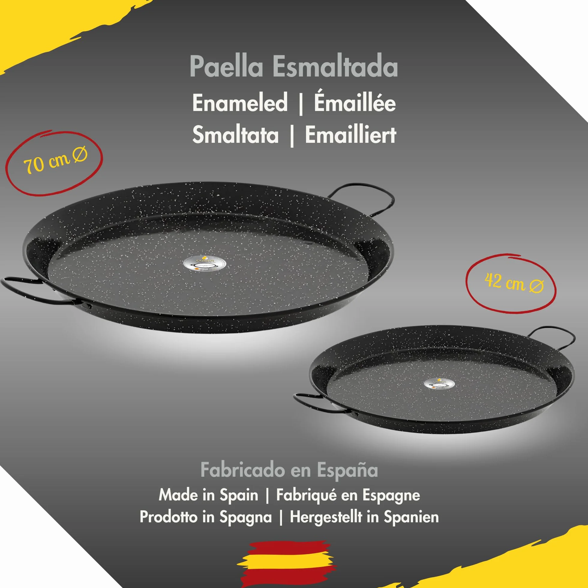 COMBOI Paellero gas butano 60 cm, Kit Quemador paelleras esmaltadas de 70 cm + 42 cm, Regulador de gas, Manguera, Soporte Patas reforzadas, nivel, delantal, Libro de Recetas digital