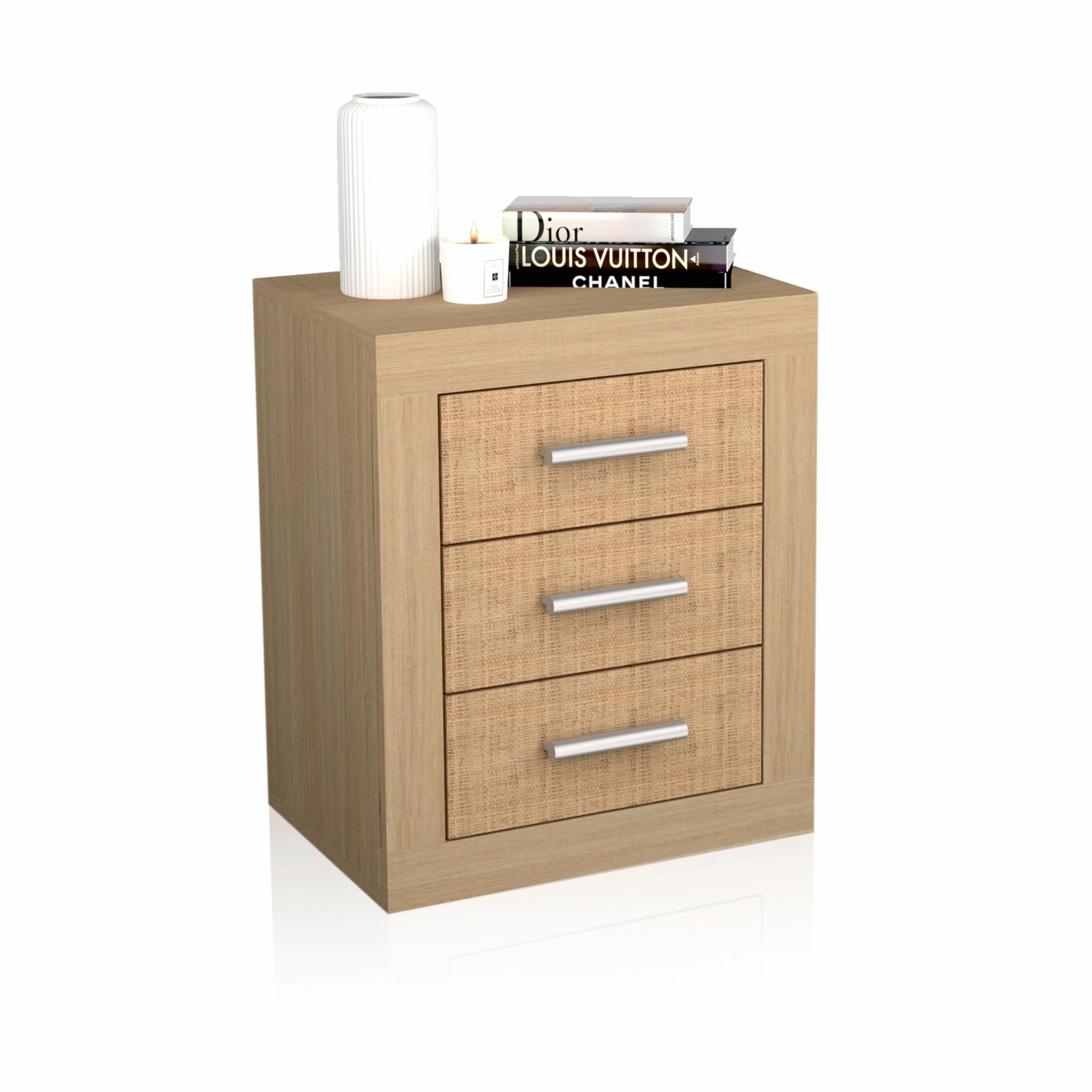 duehome | Mesita de Noche, Mesilla de Dormitorio, Modelo Kira, Acabado en Color Tofe y Textil, Medidas: 50 cm (Largo) x 34,6 cm (Fondo) x 60 cm (Alto)