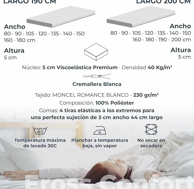 Topper 90x190 Cubre Colchon Desenfundable y Lavable. Núcleo Viscoelastica Máxima Calidad Adaptable, Antialérgico y Transpirable. Firmeza Media. Fabricación Propia. Moncel ErossConfort