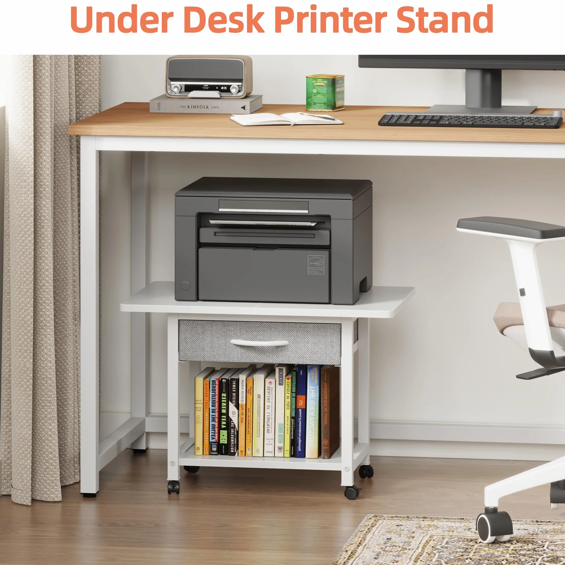 Mesa para Impresora con Ruedas 2 Niveles con Cajón, Estantería de Oficina Blanco