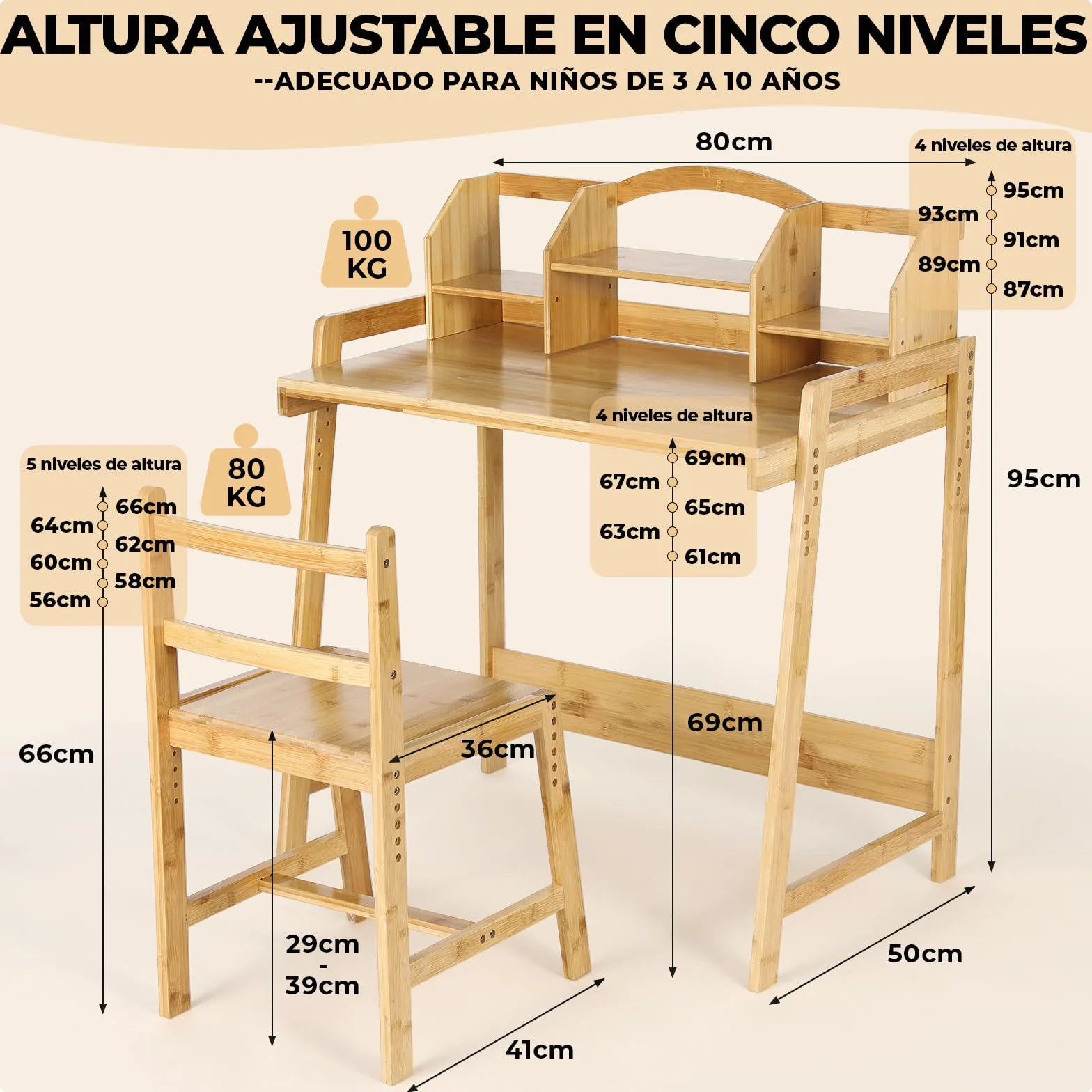 Escritorio Infantil Bambú con Silla Ajustable, Mesa Madera Estudiante, Soporte Libros Almacenamiento Natural
