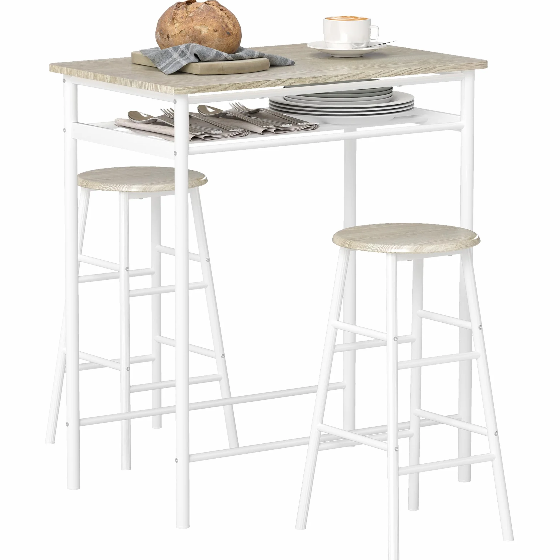 HOMCOM Juego de Mueble de Bar Set de Mesa Alta y 2 Taburetes con Estante de Almacenamiento y Marco de Metal para Cocina Comedor 80x50x90 cm Blanco