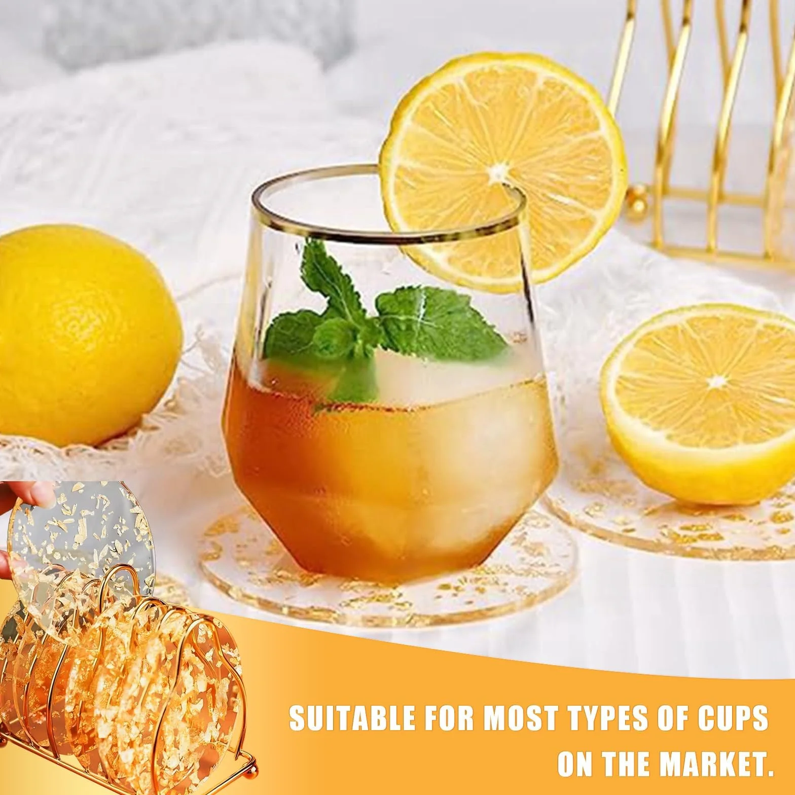 Posavasos Redondos Transparentes para Bebidas Juego de 6, Lámina de Oro, Lavables Antideslizantes para Café Té Copas