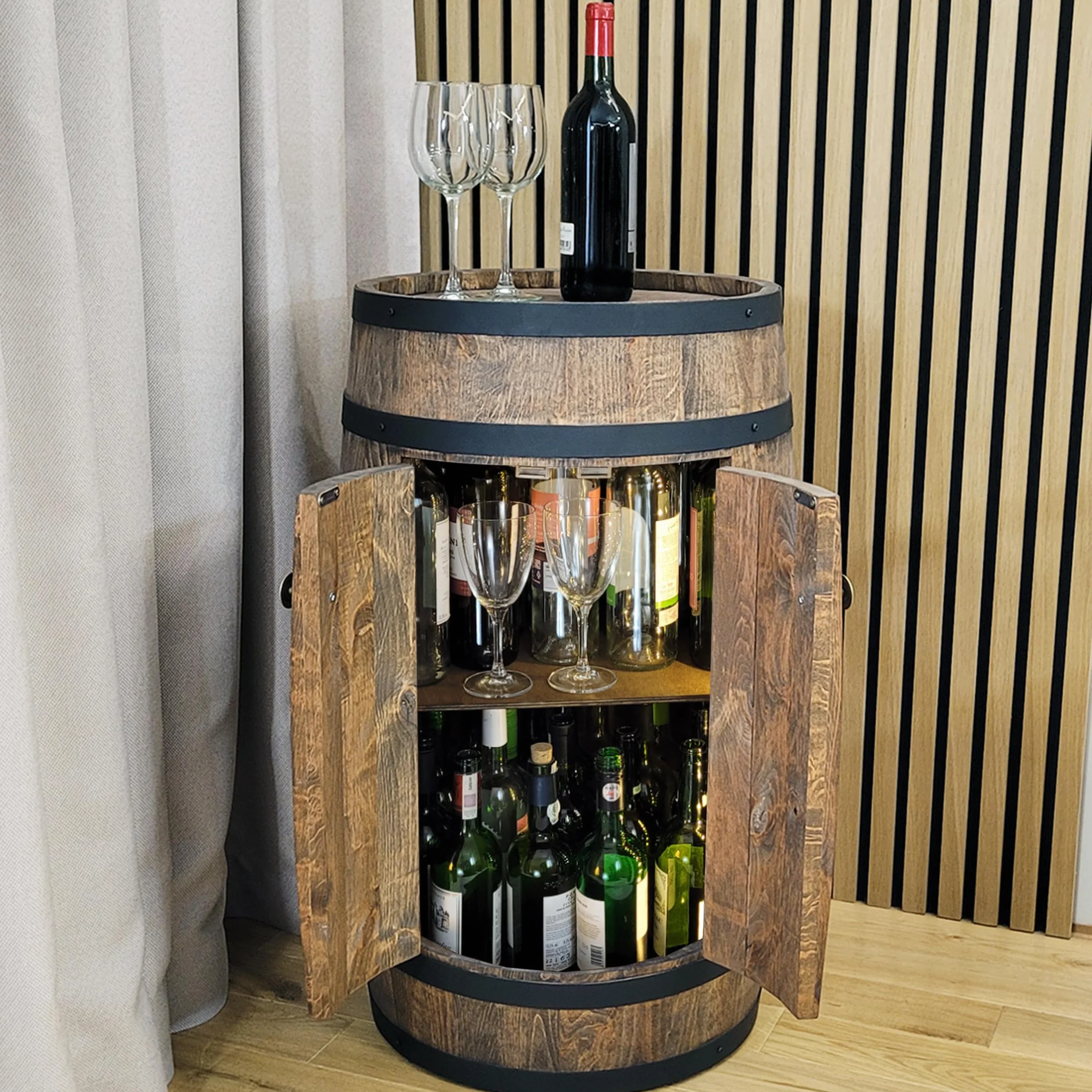 Barril de madera con 2 puertas e iluminación LED, barril de vino de 80 x 50 cm – Armario de bar hecho a mano Botellero Bar Casa Bar Vintage Bar Pared Estantería Madera Whisky Vino Cerveza – Mesa de