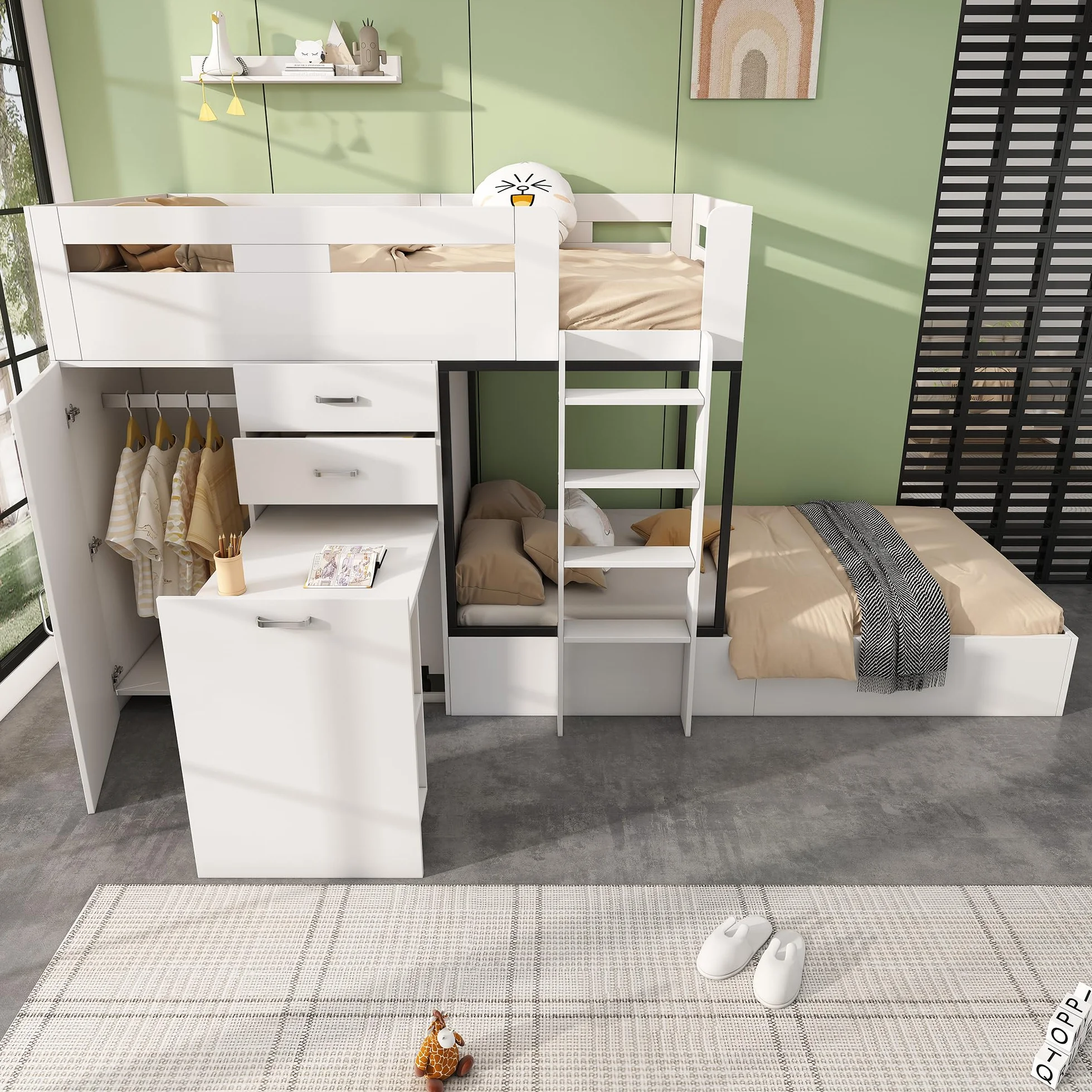 Sapgaks Litera infantil con escritorio extensible y armario, cama cabaña infantil 90 x 200 cm, cama infantil con cajón y estantes y escaleras, color blanco