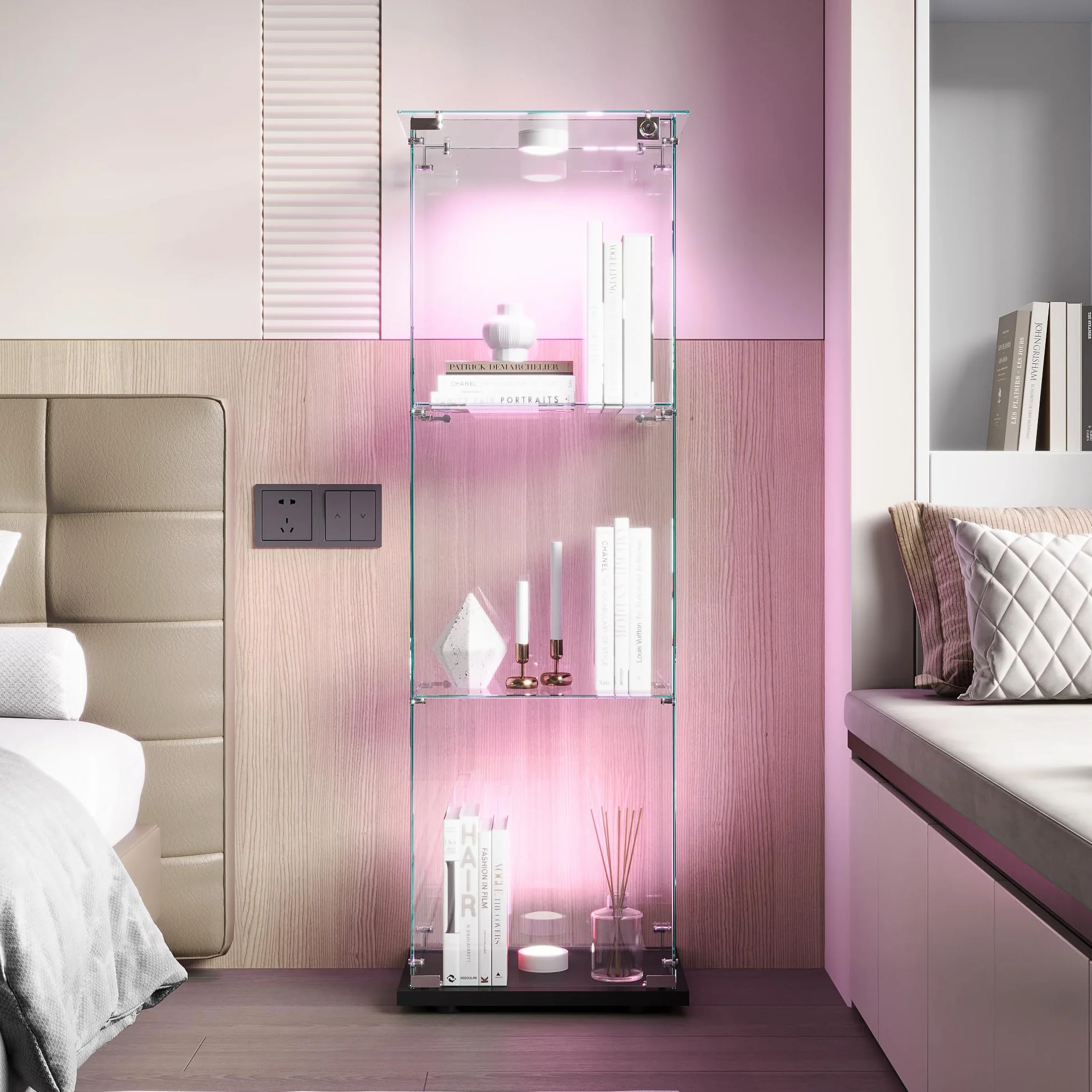 vitrina de cristal con LED, armario para colección transparente, mueble de cristal con 1 puerta y cerradura, 3 estantes, 123x40x35 cm, negro